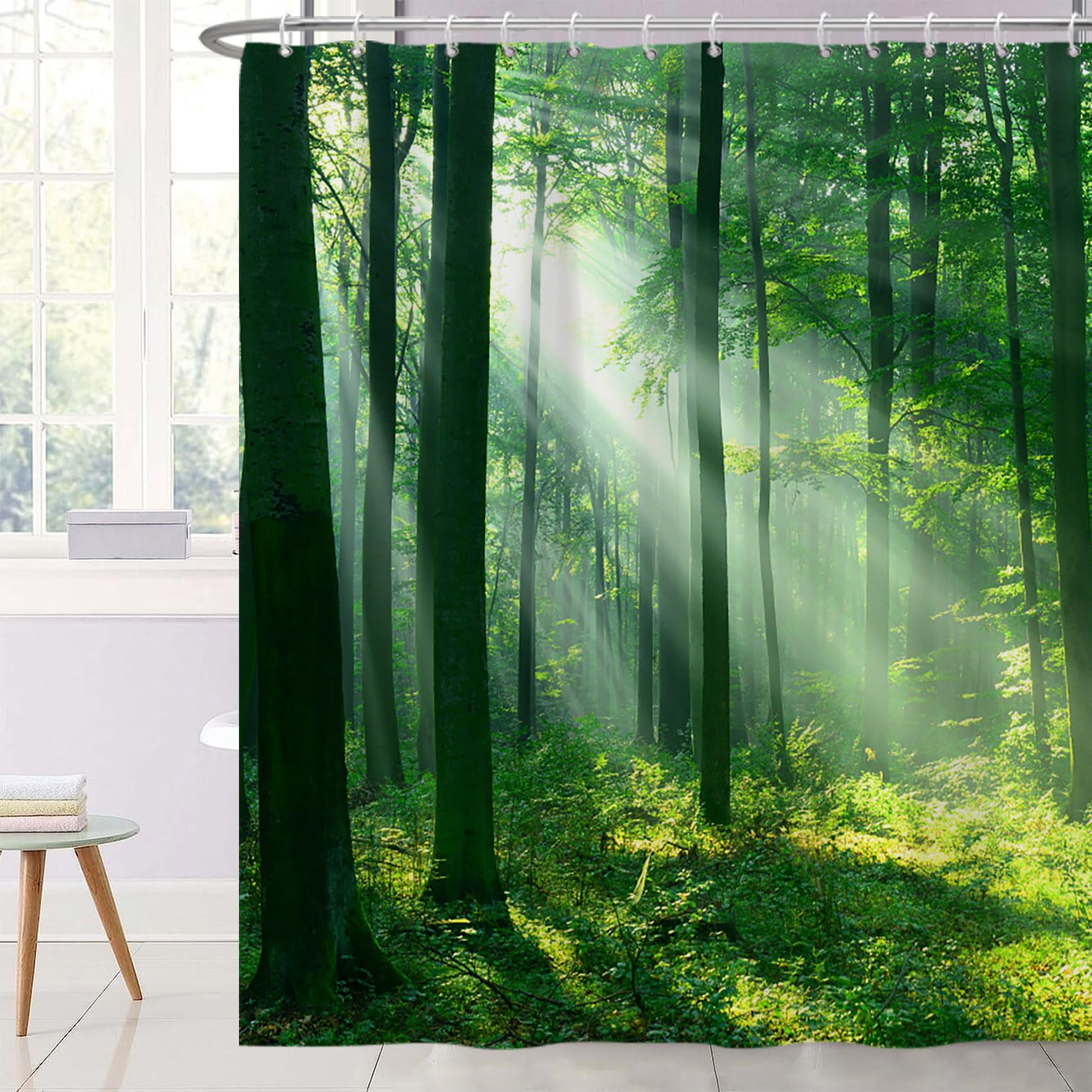 Ttincceer Green Forest Shower Curtain 72x72inch Rainforest Sunshine Woodland at Sunrise Morning Bathroom Curtain Nature Scenery Mould Proof Resistant Shower Curtain Set