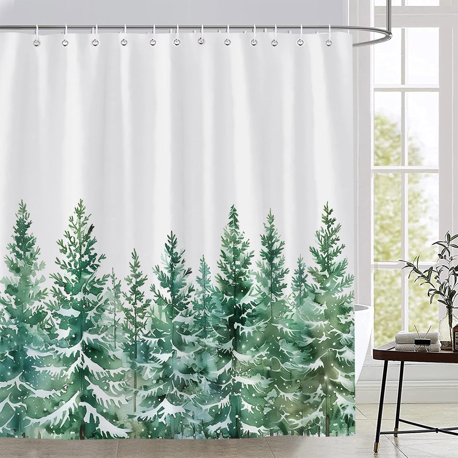 Winter Forest Shower Curtain Green Pine Tree Fir Natural Watercolor Misty Forestry Rustic Christmas Polyester Fabric Bathroom Decor Set with Hooks 70X88 Inch