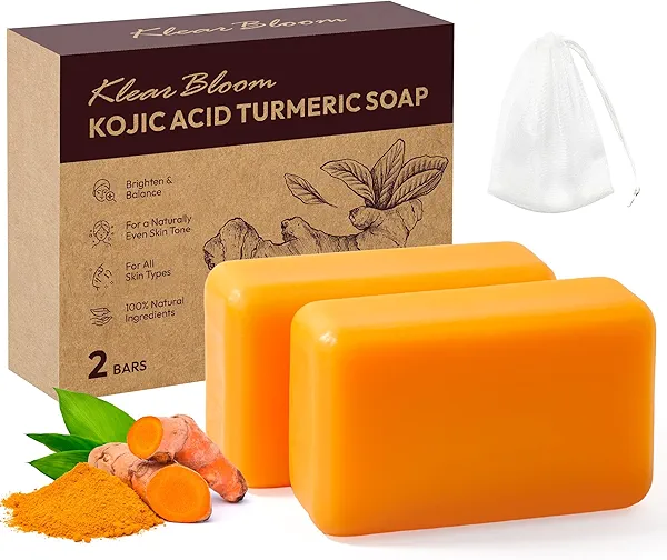 KlearBloom Kojic Acid Soap, Turmeric Soap Bar for Dark Spots Brightening & Moisturizing with Collagen, Vitamin E, Retinol, Hyaluronic Acid, Shea Butter, Paraben & Sulfate-Free 105g x 2 Bars