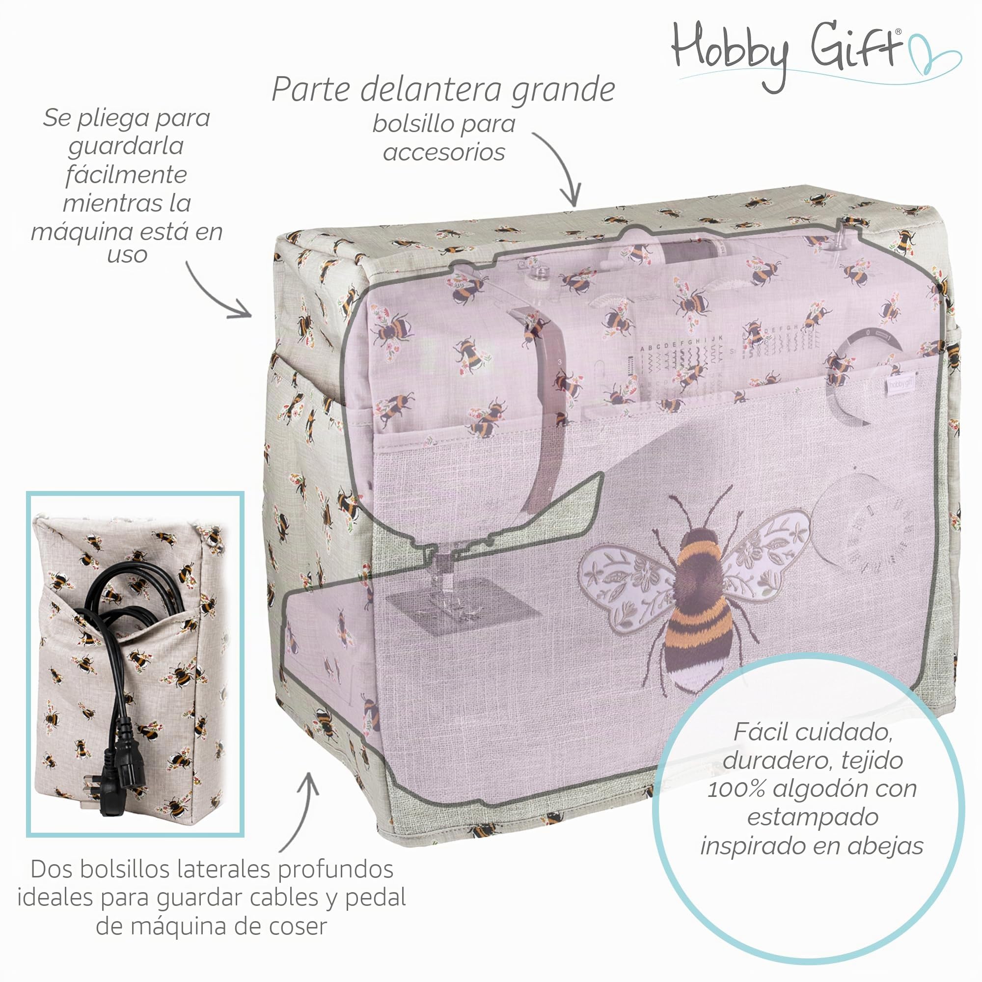 Hobby Gift Funda Exclusiva para máquina de Coser y Bordar con Bolsillos, Cubierta Antipolvo, para la mayoría de Las máquinas estándar, Singer Brother 33,5 x 44 x 21 cm, Abejas