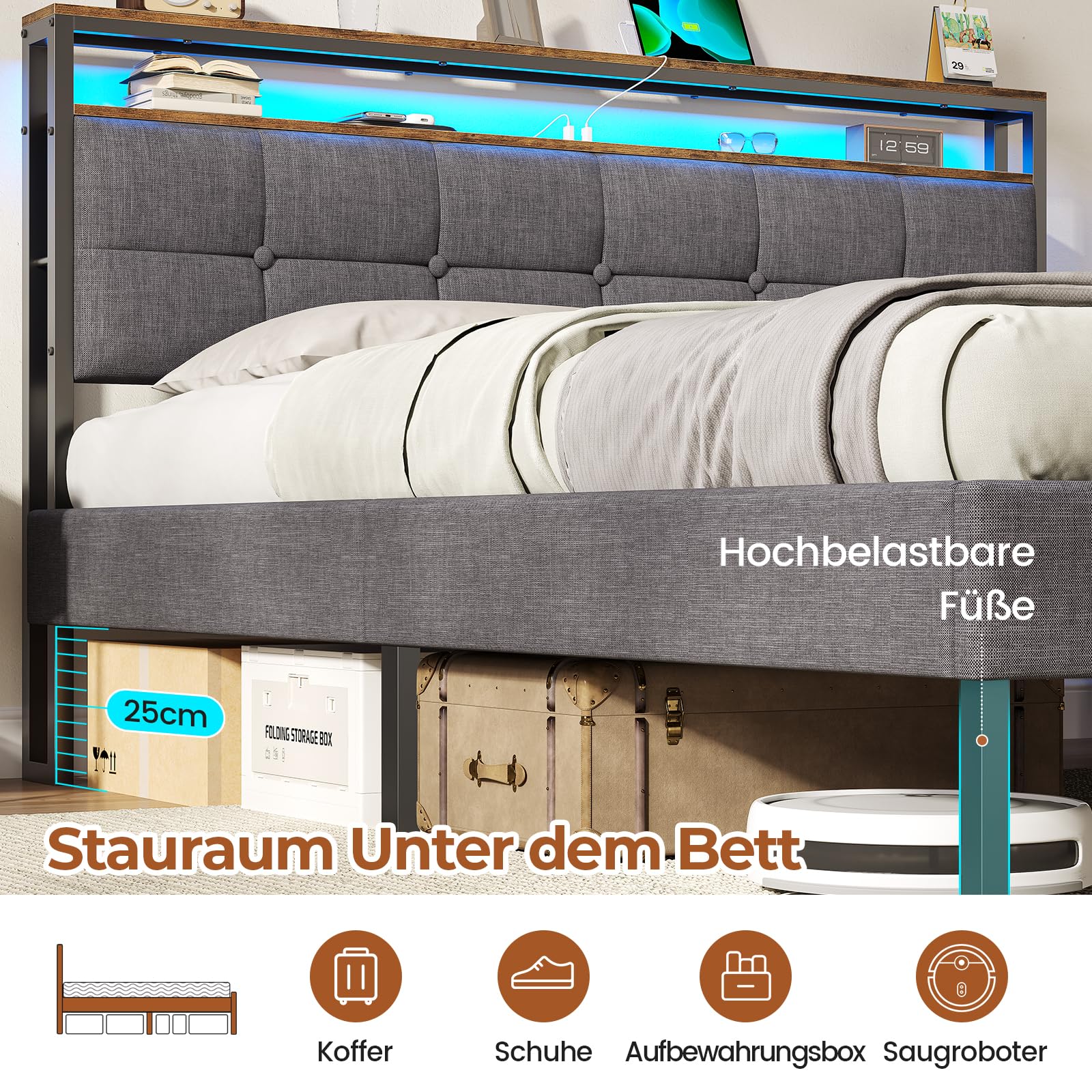AOGLLATI Letto imbottito 140 x 200 cm con rete a doghe in metallo, struttura del letto con illuminazione a LED e prese Letto doppio con testiera in legno