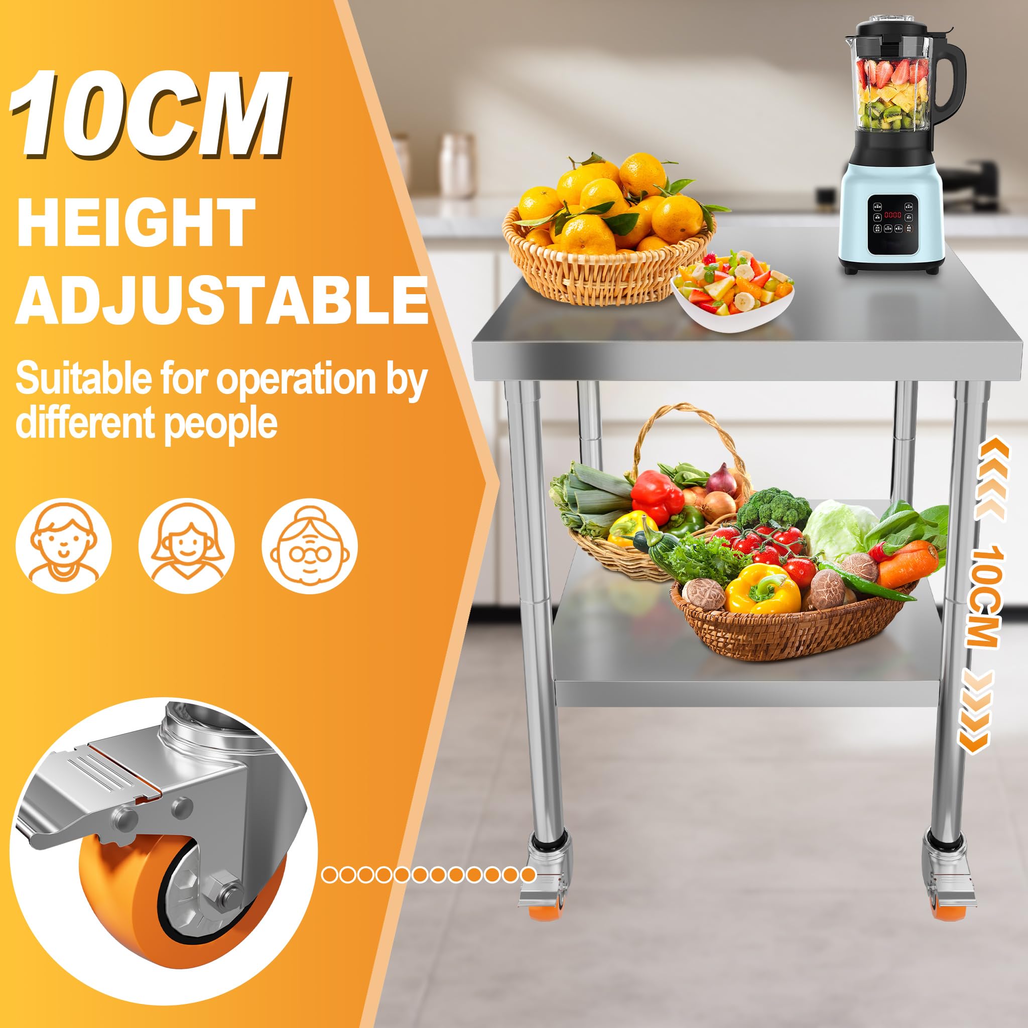 SUBTLETY Carro de acero inoxidable con ruedas de 61 x 46 x 85 cm, mesa de trabajo con placa de cocina, carga de hasta 300 kg, superficie de almacenamiento y 4 ruedas, mesa de acero inoxidable para