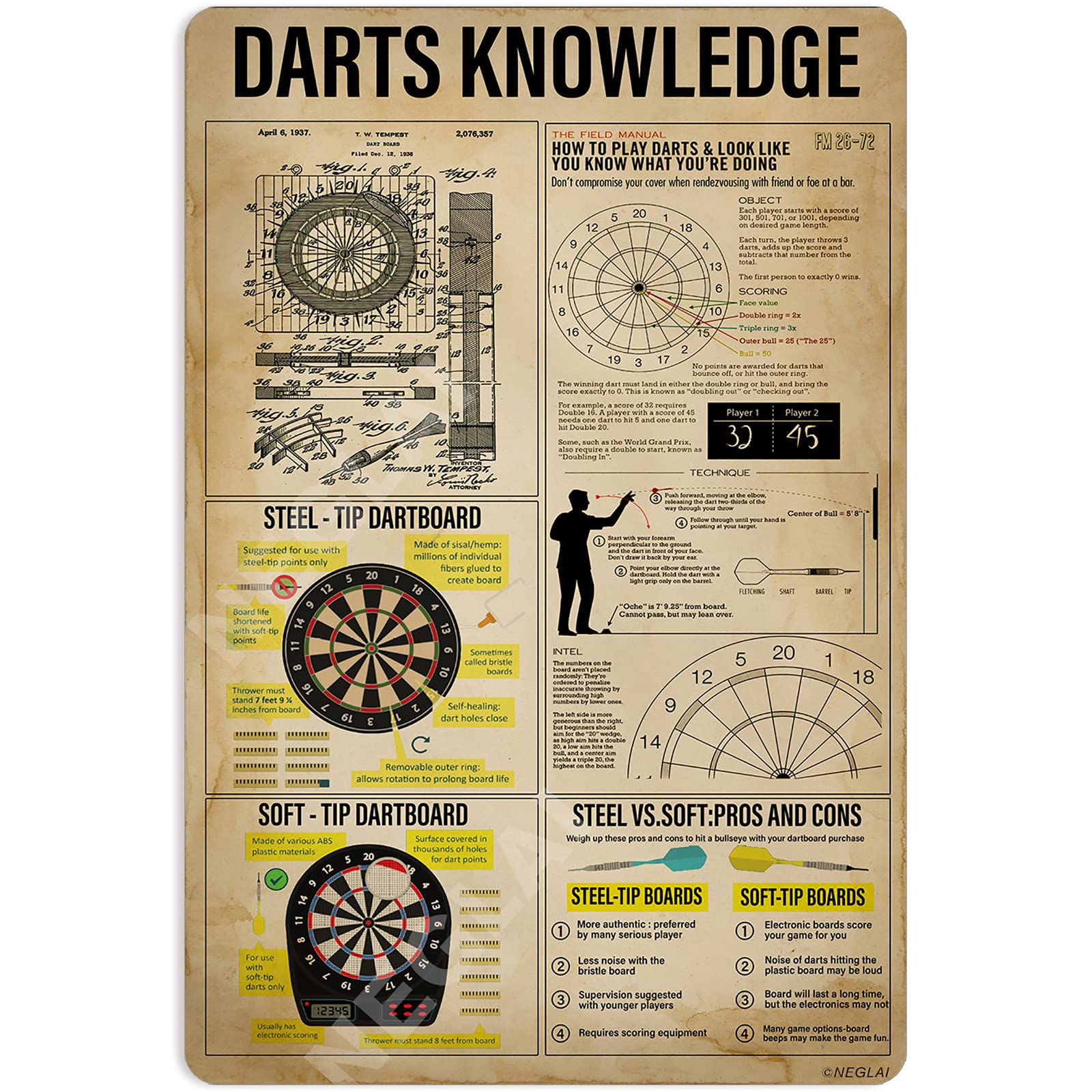 Anceky Vintage Darts Knowledge Game Poster Metal Aluminium Tin Sign Wall Decor 5.5x8