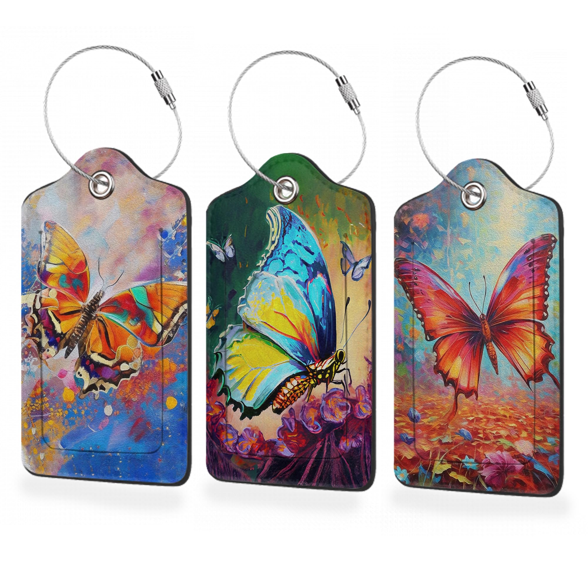 3 Pack Luggage Tag for Suitcase,Butterfly Leather Luggage Tag with Privacy Flap,Name ID Label and Metal Loop for Women Men Travel/Cruise Ships/