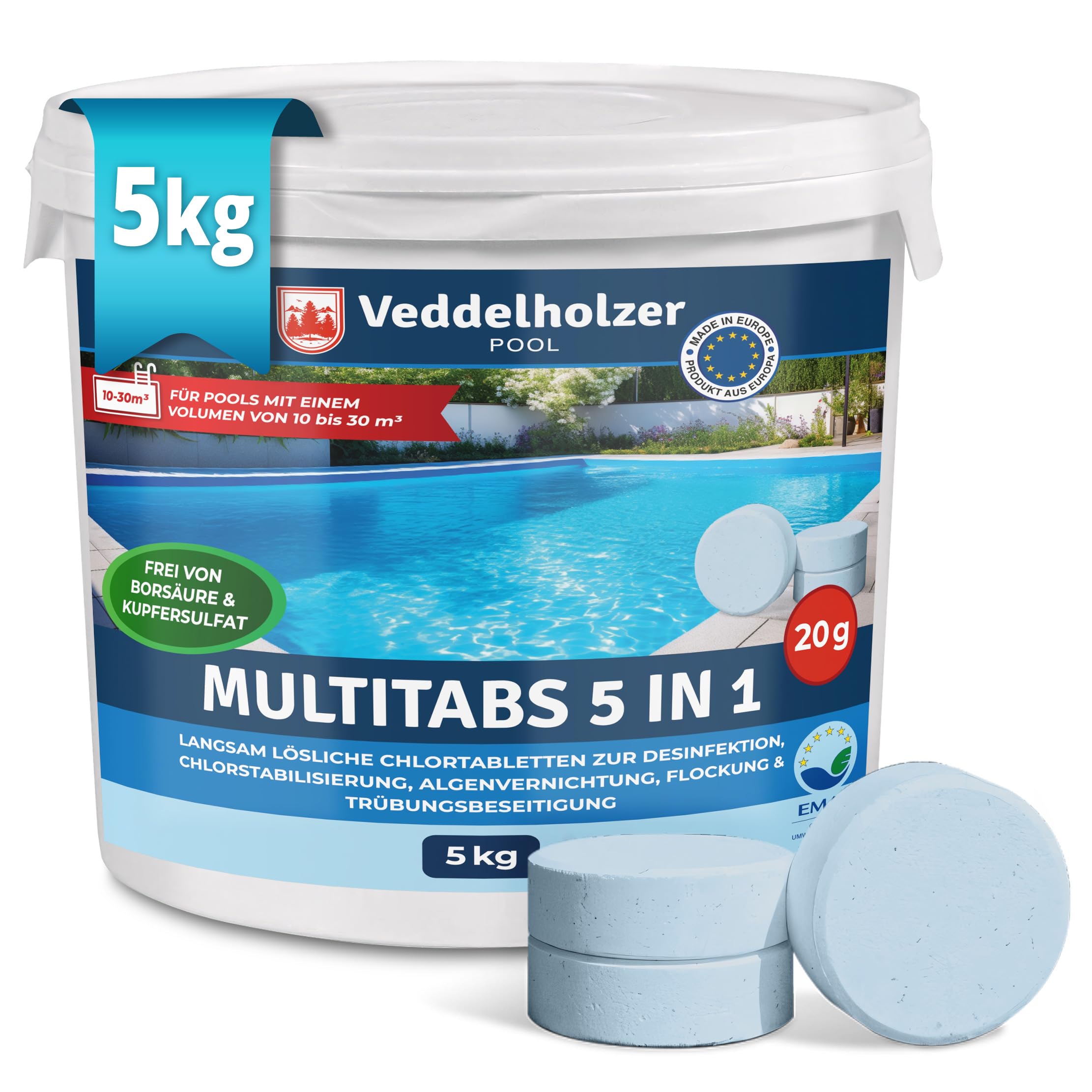 Veddelholzer 5 kg Multitabs 5 in 1 Chlortabletten für pool als 20g Tabletten für Pools von 10 m³ bis 30 m³Pool Zubehör für Pools langsam lösliche, langzeit Chlor Tabletten zur Reinigung & Desinfektion
