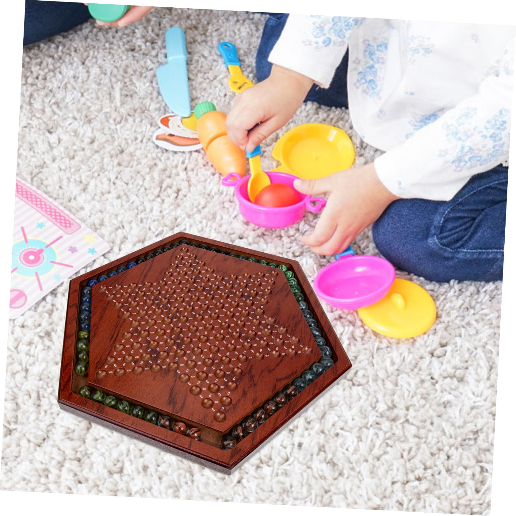 Set 1 Scacchiera Dama Cinese in Legno Naturale Tavolo Esagonale, Gioco Educativo per Bambini per Casa e Scuola, Migliora Pensiero Critico e Coordinazione Mani-cervello