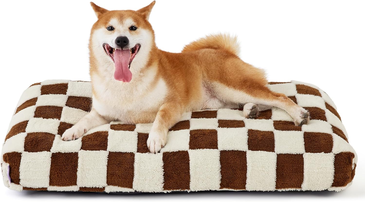 LE SURE Dog Beds Large Sized-Thick Shredded Chopped Foam Pet Bed Indoor with Removable Cover, Cute Modern Fuzzy Plush & Anti Slip Bottom, Brown 35.0"L x 22.0"W x 4.0"Th Brown Checks