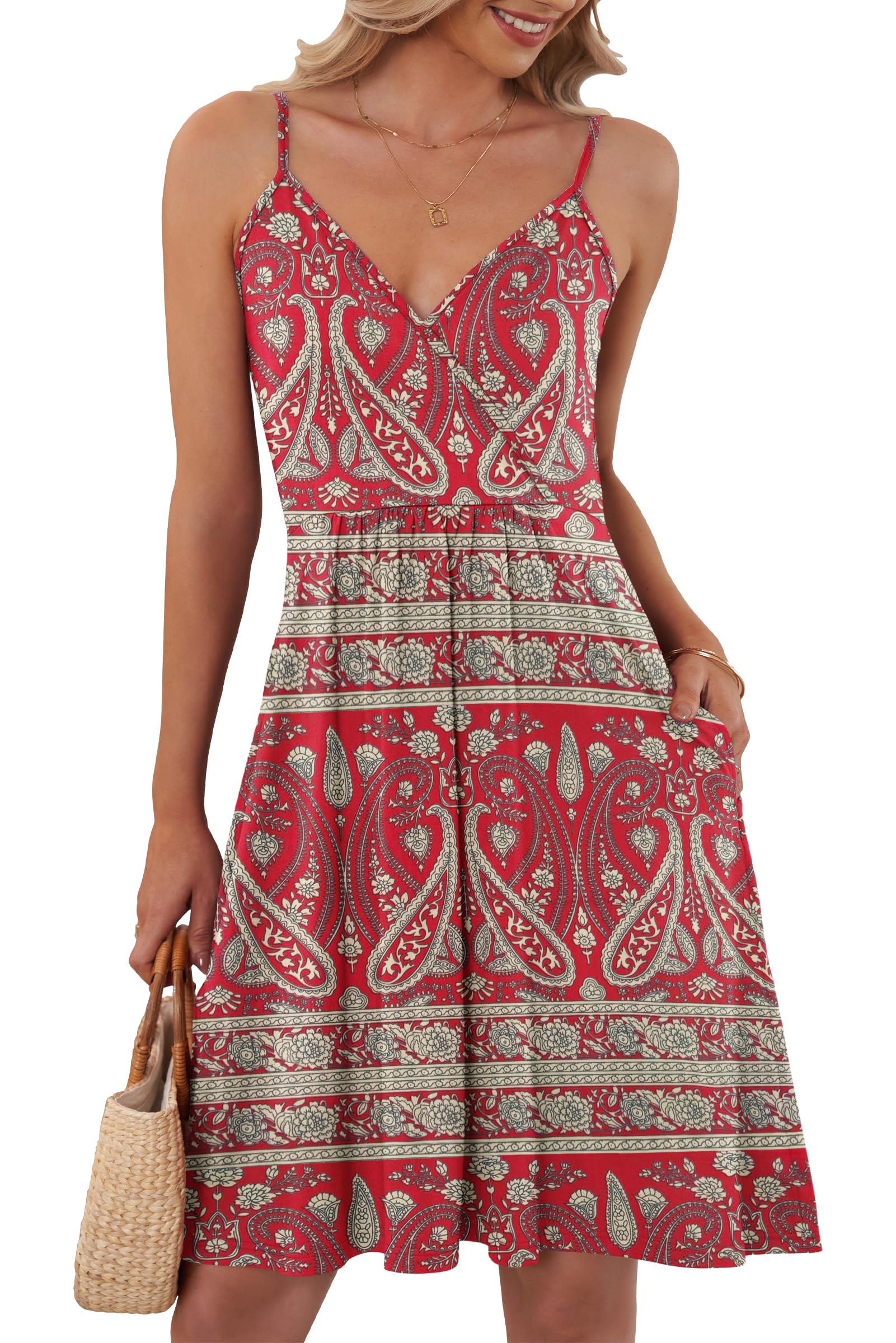 AUSELILY Summer Ladies Dress for Women UK V Neck Spaghetti Strap Casual Beach Sale Cami Dresses with Pockets Boho Floral Red S