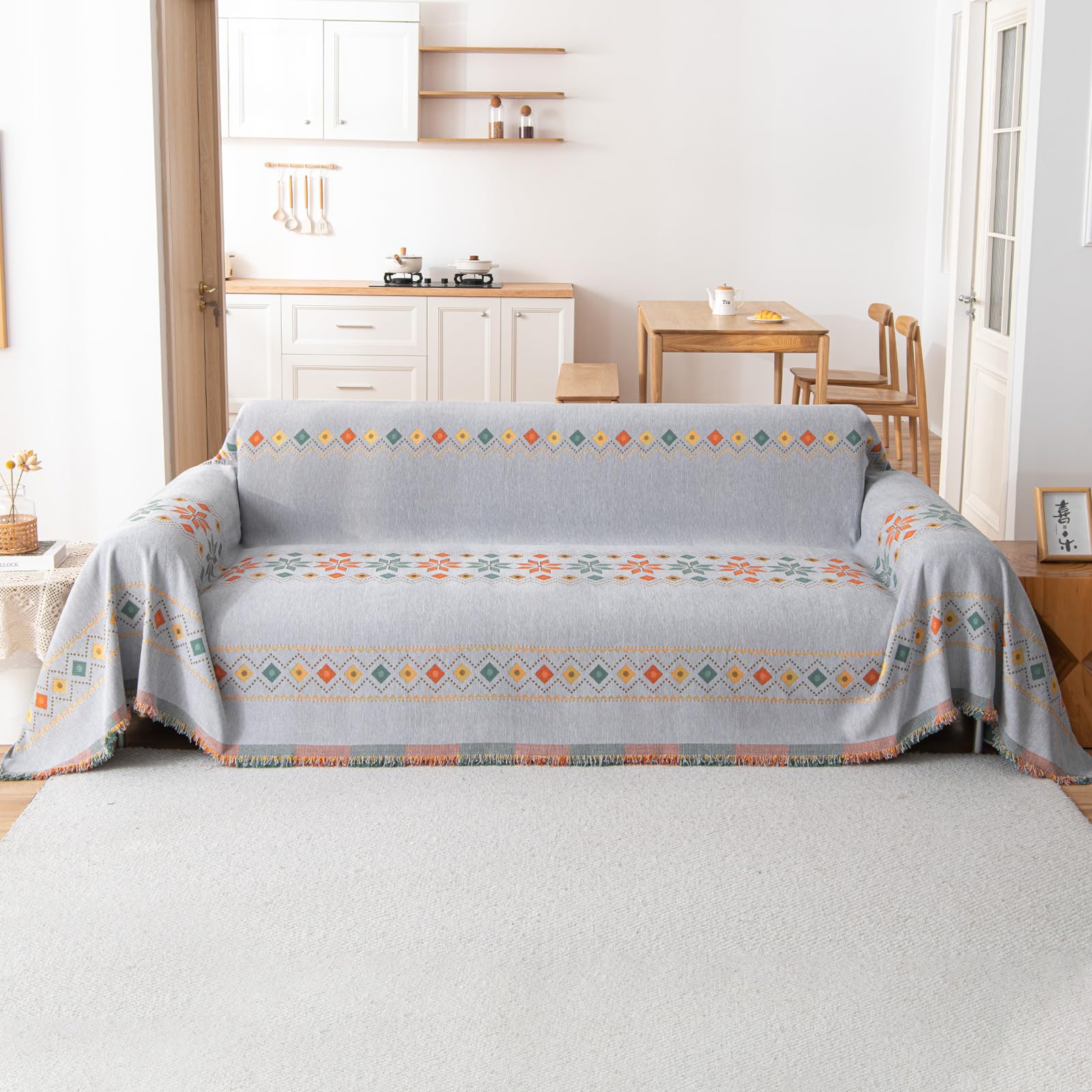 Vanderhome Grey Boho Throw Chenille Blanket Soft Throws For Sofas Washable Blanket For Bed Settees Armchairs, Livingroom 180 * 230Cm