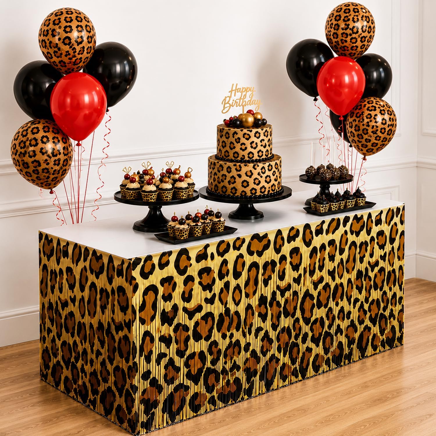 Cheetah Foil Tinsel Fringe Table Skirt Birthday Table Decorations, 2 Pack