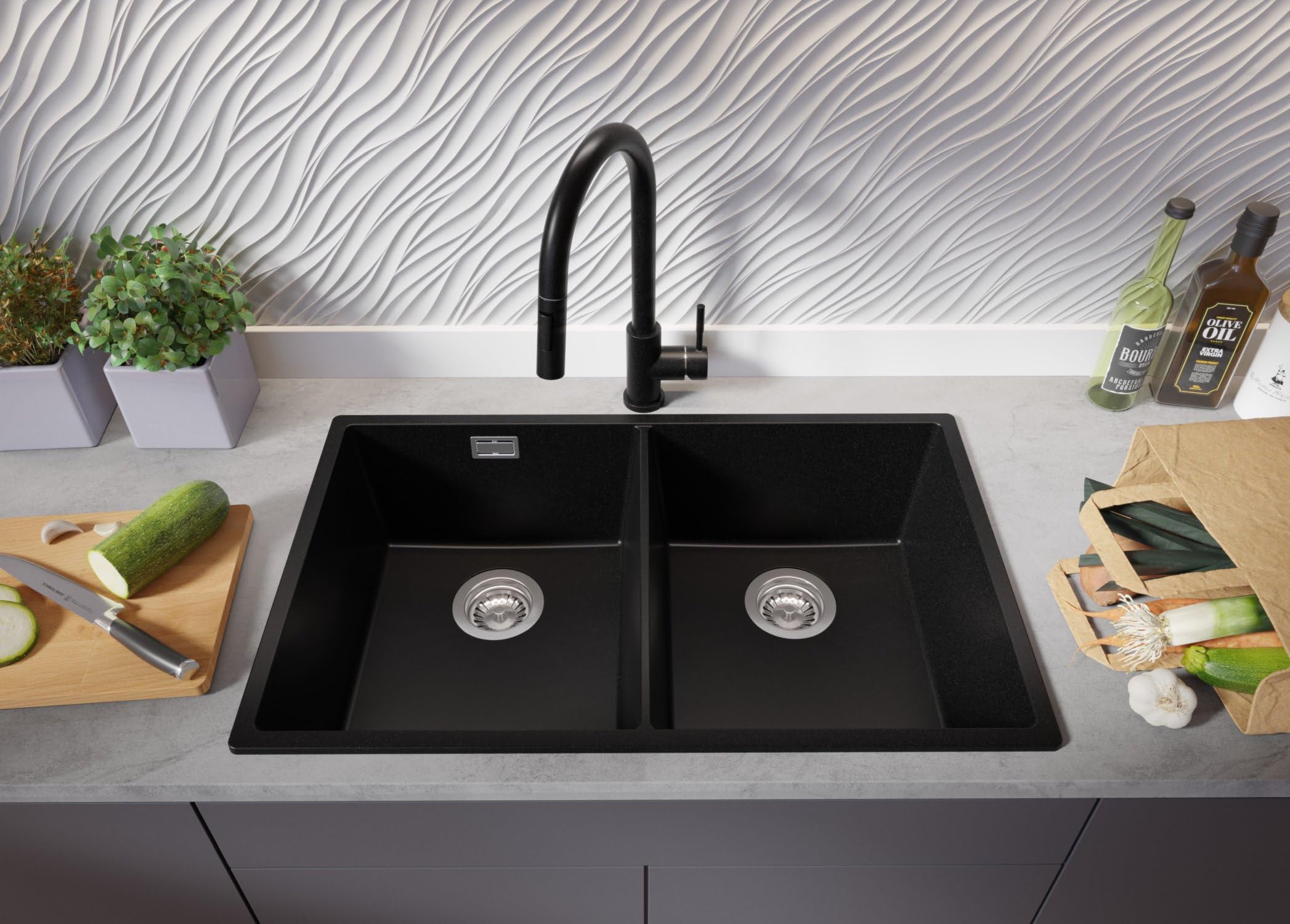 PRIMAGRAN Fregadero Cocina Todo Negro 76x47cm, Granito 2 Senos + Sifón, Sobre Encimera al Mueble 80cm - London Twin Slim S007