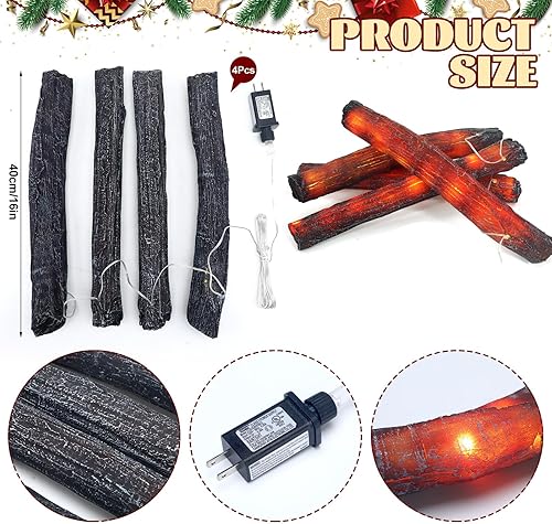 Miniatura 2 de Tuanse 4 piezas de 16 pulgadas sin llama de leña de fuego falso, decoración de camping, chimenea sin llama, luz LED, registro de fuego falso para el