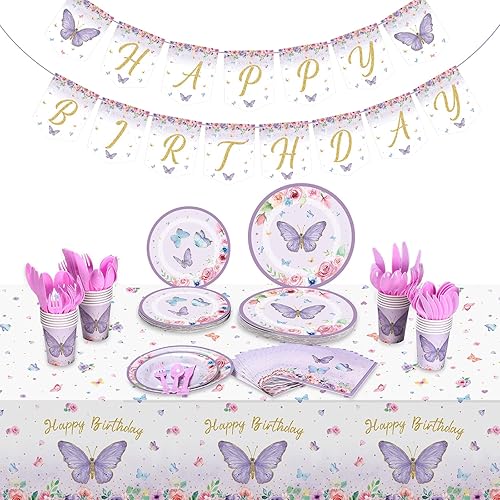 Pajean Suministros de fiesta de cumpleaños de mariposa, juego de vajilla desechable, platos de papel, servilletas, vasos, mantel, pancarta para