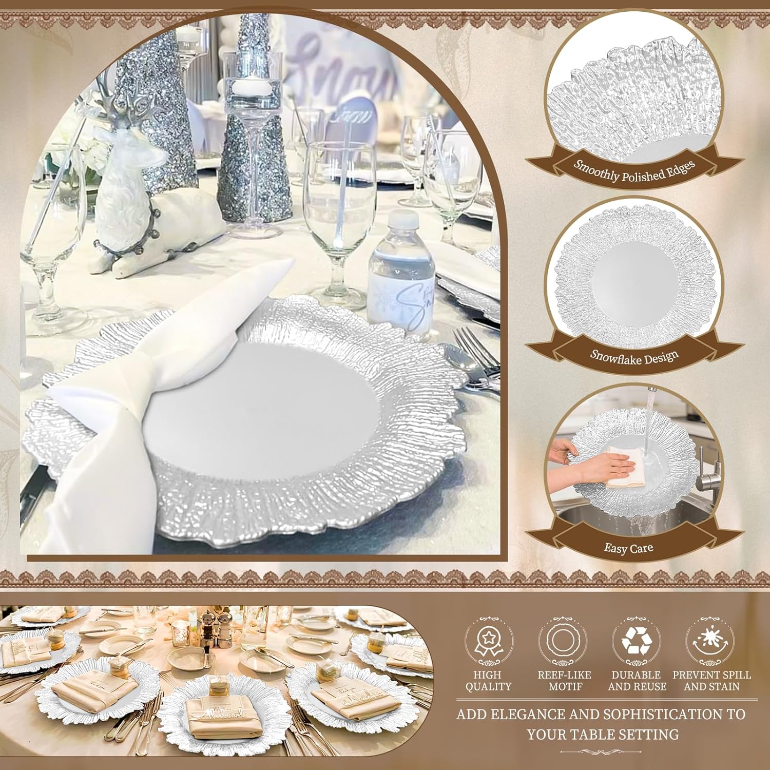 Showgeous 50 Pack Silver Charger Plates 13'' Reef Plate Chargers for Dinner Plates Round Plastic Plate Chargers for Wedding Dinner Parties Table Serving Home Decoration