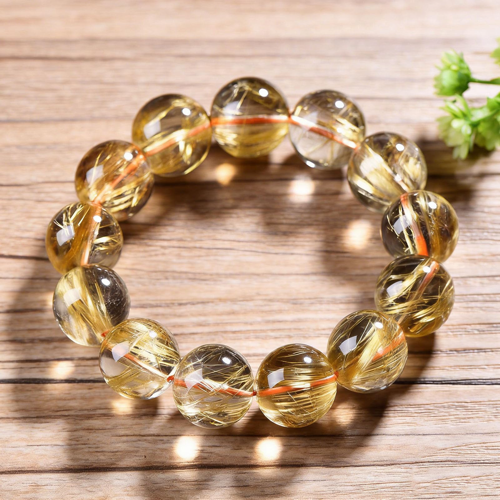 Pulsera de Cuentas de Chakras con Cristales de Piedras Preciosas de Citrino, Cuentas de Cristal Natural, Cuentas de Piedra Lisa Redonda Pulida de Cuarzo rutilado Dorado, Cuentas,15MM