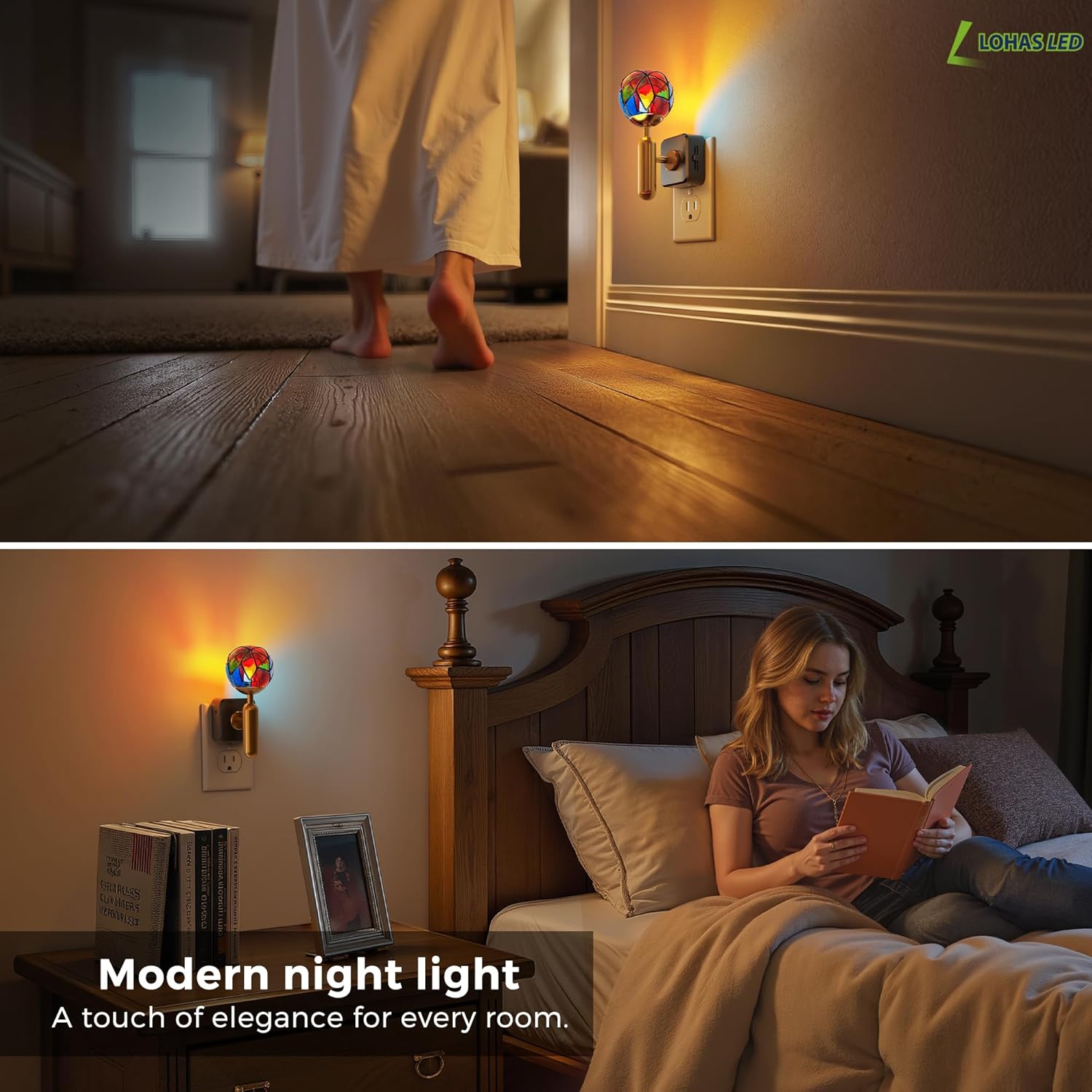 L LOHAS LED Vintage Night Light Plug in with 0-100% Stepless Dimming, Stained Glass Nightlight with Dusk to Dawn Sensor, Aesthetics Plug in Night Lights for Home Decor