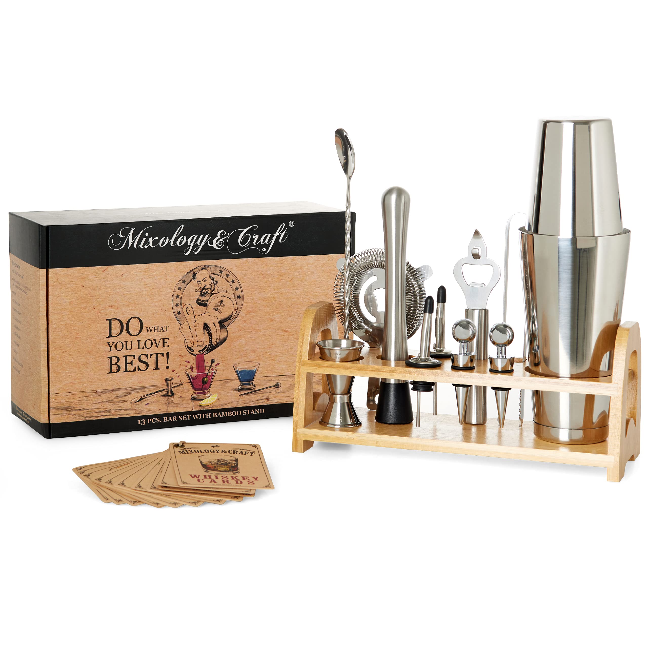 Mixology & Craft Bartender Kit - Stainless Steel Cocktail Making Set w/ Bar Stand & Boston Shaker