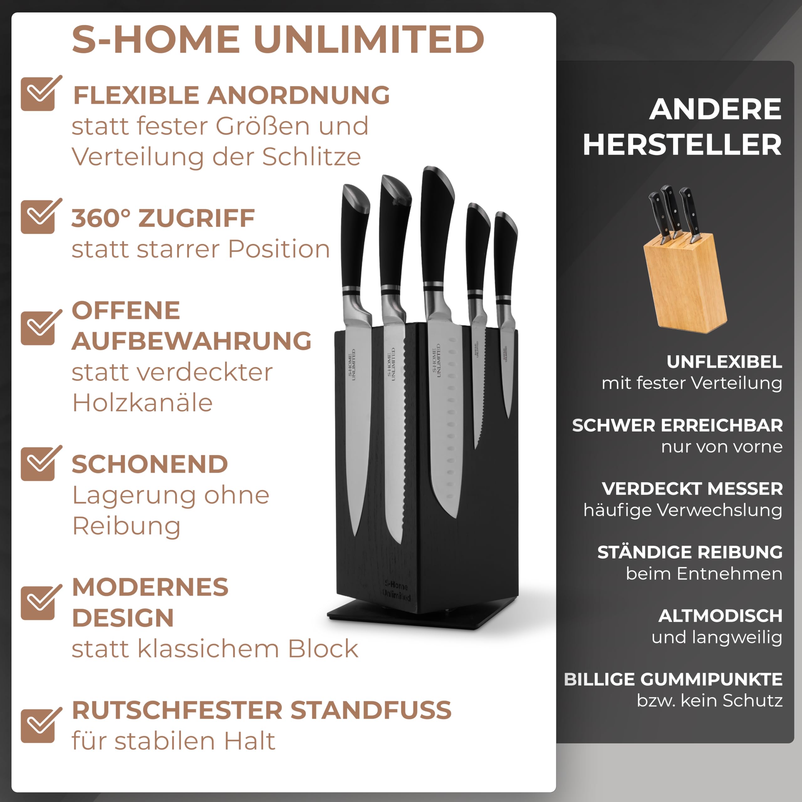 Magnetischer Messerblock ohne Messer | 360° drehbar | Massiver Holzblock in Schwarz mit sichtbarer Maserung | Sicherer Stand dank schwerem Metallfuß
