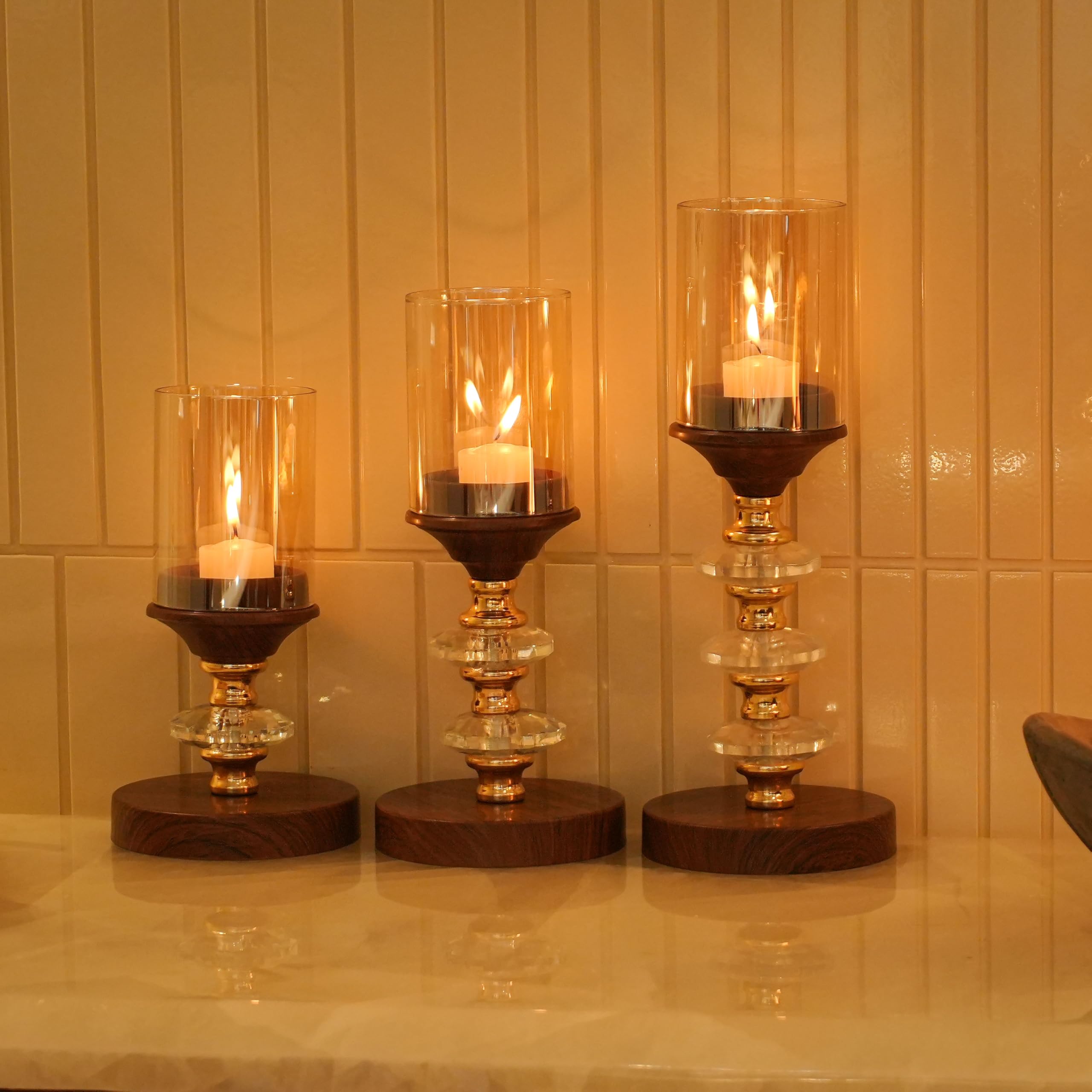 ELARE Decorative Candle Holder Set of 3 Made of Wood, Glass and Metal (Hight 30cm, 26cm, 22cm) for Living Room, Table & Festival Décor