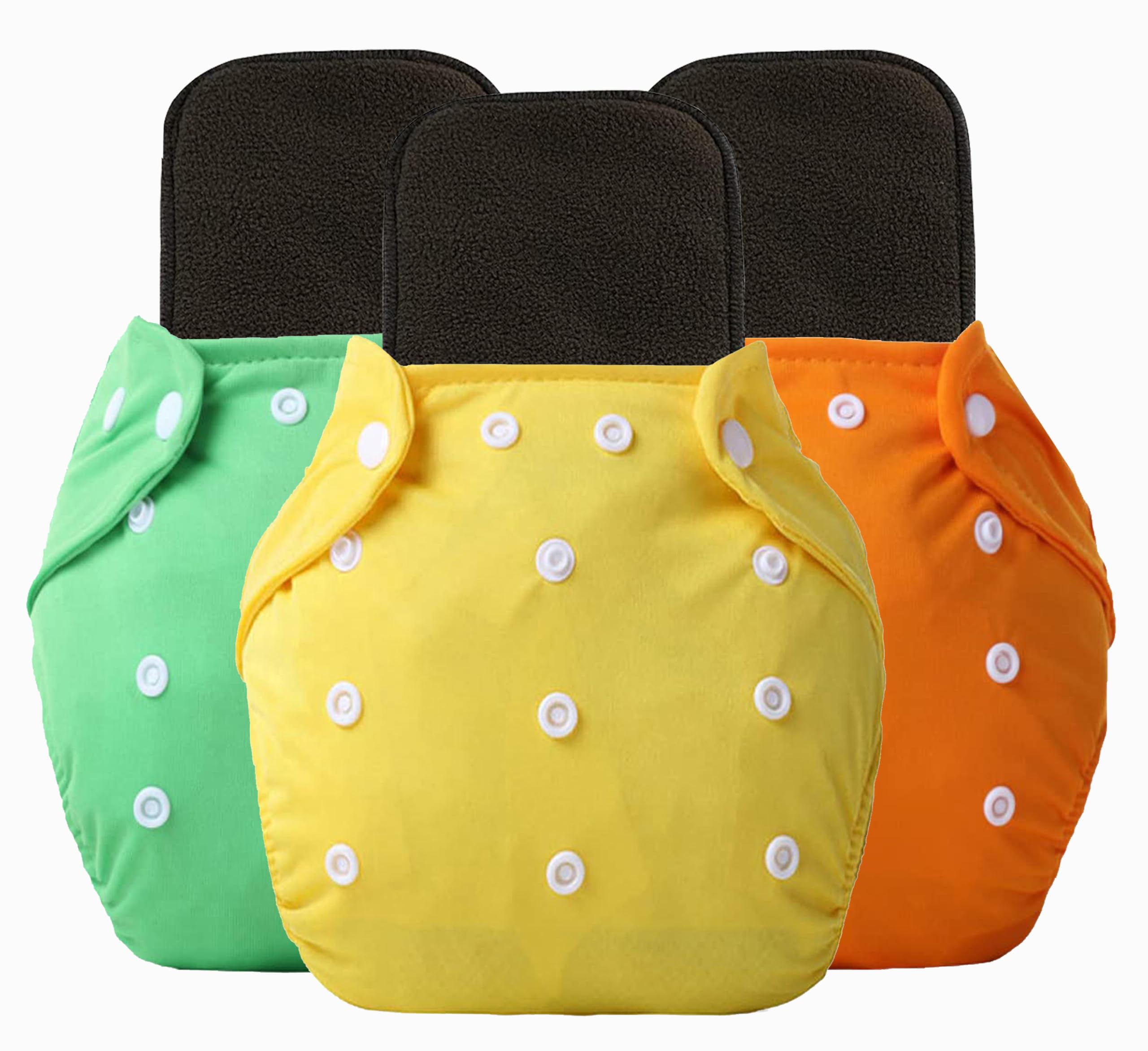Alya Pocket Button Style Solid Reusable Cloth Diaper All in One Adjustable Washable Diapers Nappies(Without Inserts) for Toddlers/New Borns(0-24 Months,3-16KG) (Pack of 3, Green,Yellow,Orange)