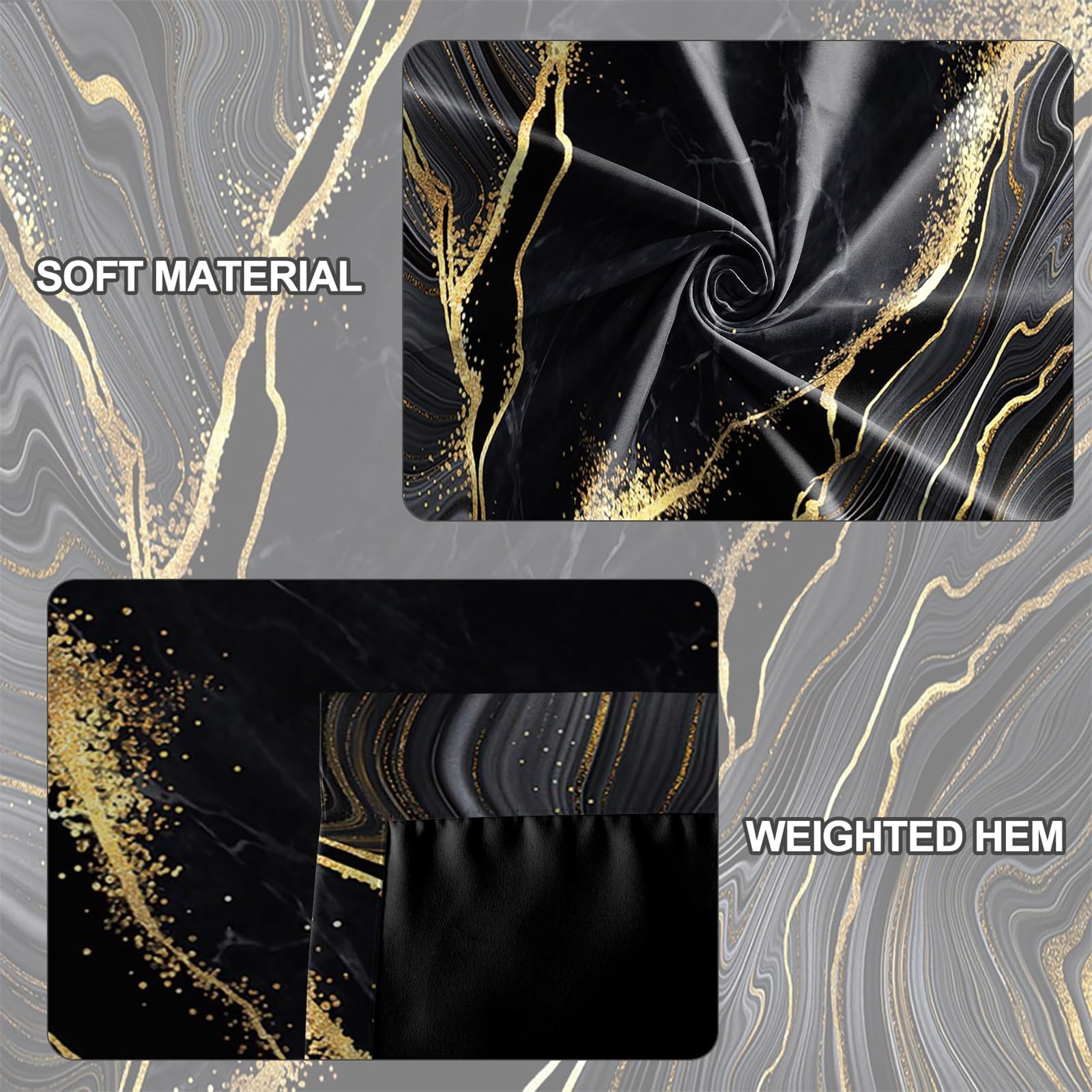 Rideaux Occultants en Marbre Noir et Or Texture de Texture de marbre de Luxe Chambre décorative avec œillets 2 Panneaux Isolation Thermique Protection de la Vie privée 117x229 cm
