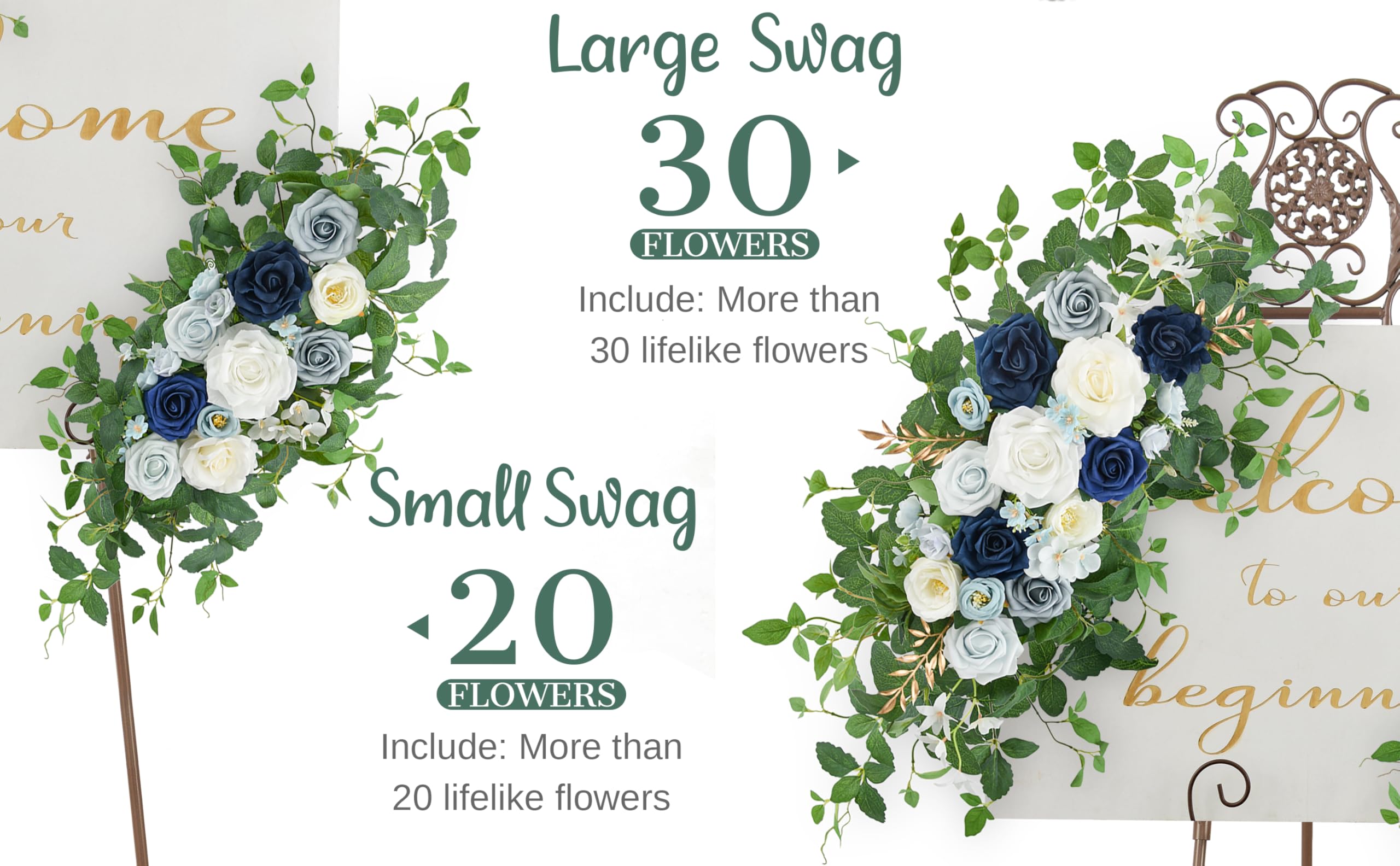 Bogenblumen-Set, 2 Stück, künstliche Blumengirlande für Hochzeit, Willkommensschild, Empfangszeremonie, Stuhldekoration, (Dusty Blue & Elfenbein)