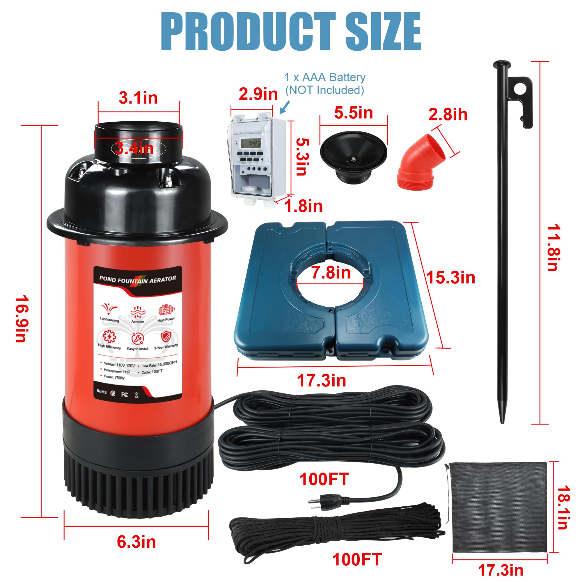Goldlife - Teichbelüfter F1-4 1HP 750 W 110 V PowerfuI Schwimmende Teichpumpe mit 100 Fuß Netzkabel, Belüftungsbrunnen für kleine Teiche u