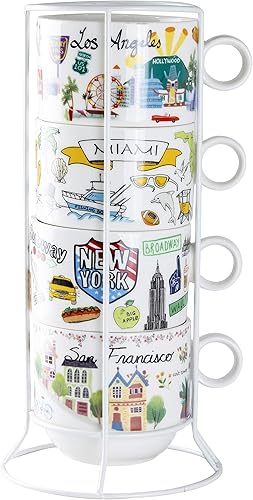 Gracie China by Coastline Imports Juego de tazas de café apilables de porcelana de 4 piezas (Nueva York, San Francisco, Los Ángeles, Miami),