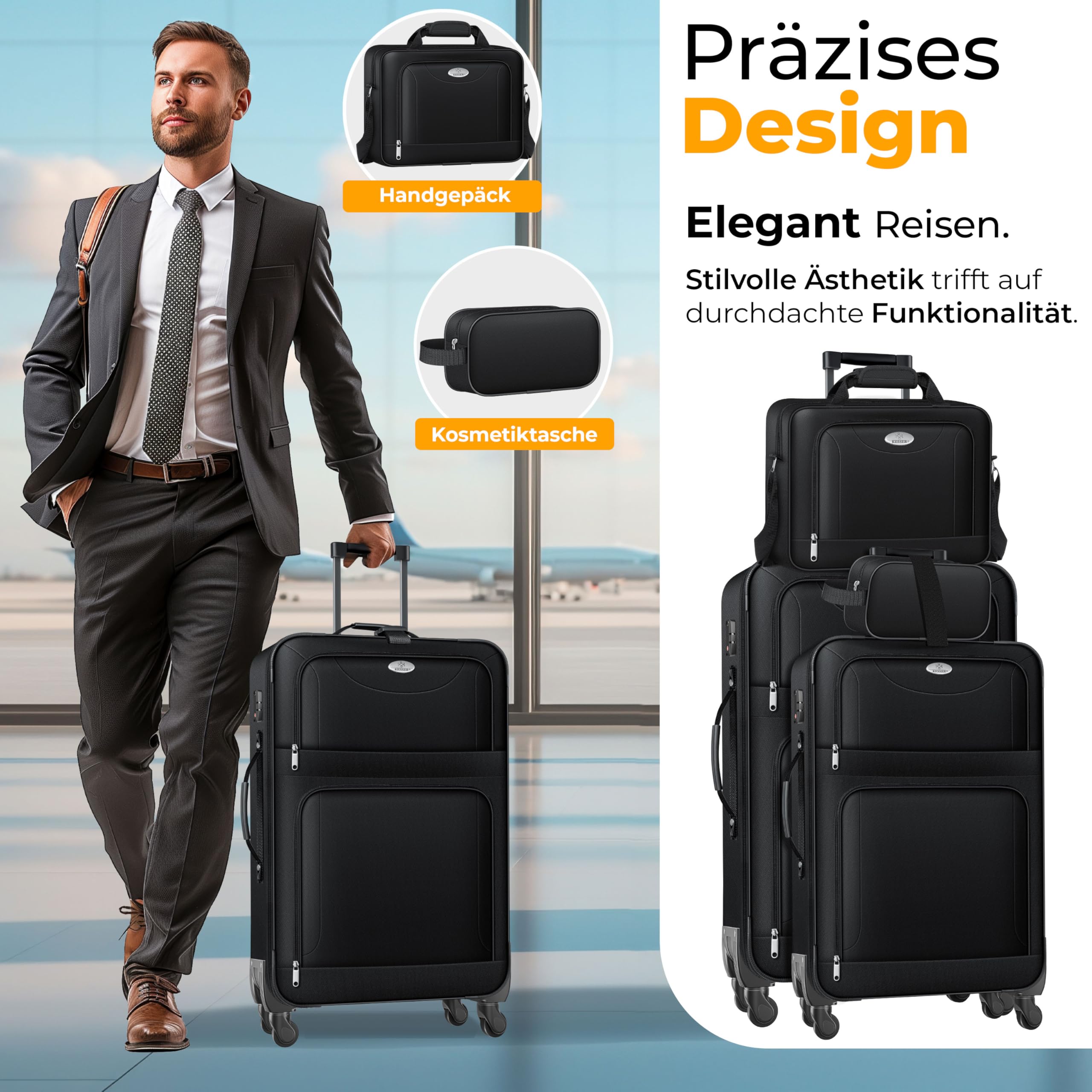 KESSER Set di valigie da viaggio da 4 pezzi | Valigia in tessuto con 3 cifre TSA, ruote a 360° e manico telescopico | Beauty case portatile bagaglio leggero e grande valigia per affari e viaggi, Nero