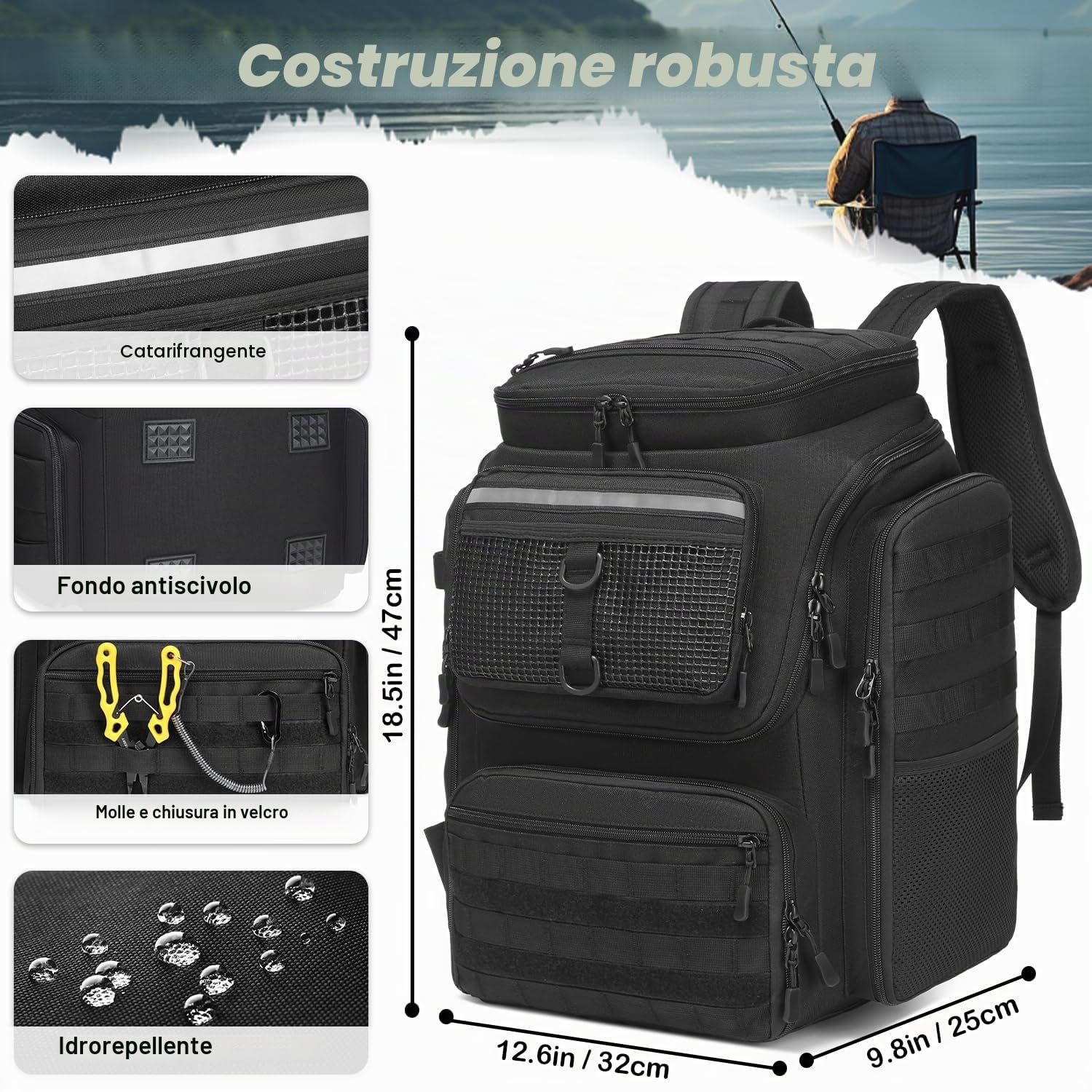 Borsa da Pesca Grande Tattico Zaino da Pesca per Attrezzi e Accessori 45L Borsa Sportivo per Campeggio Trekking Sport All'apert (Solo Zaino)