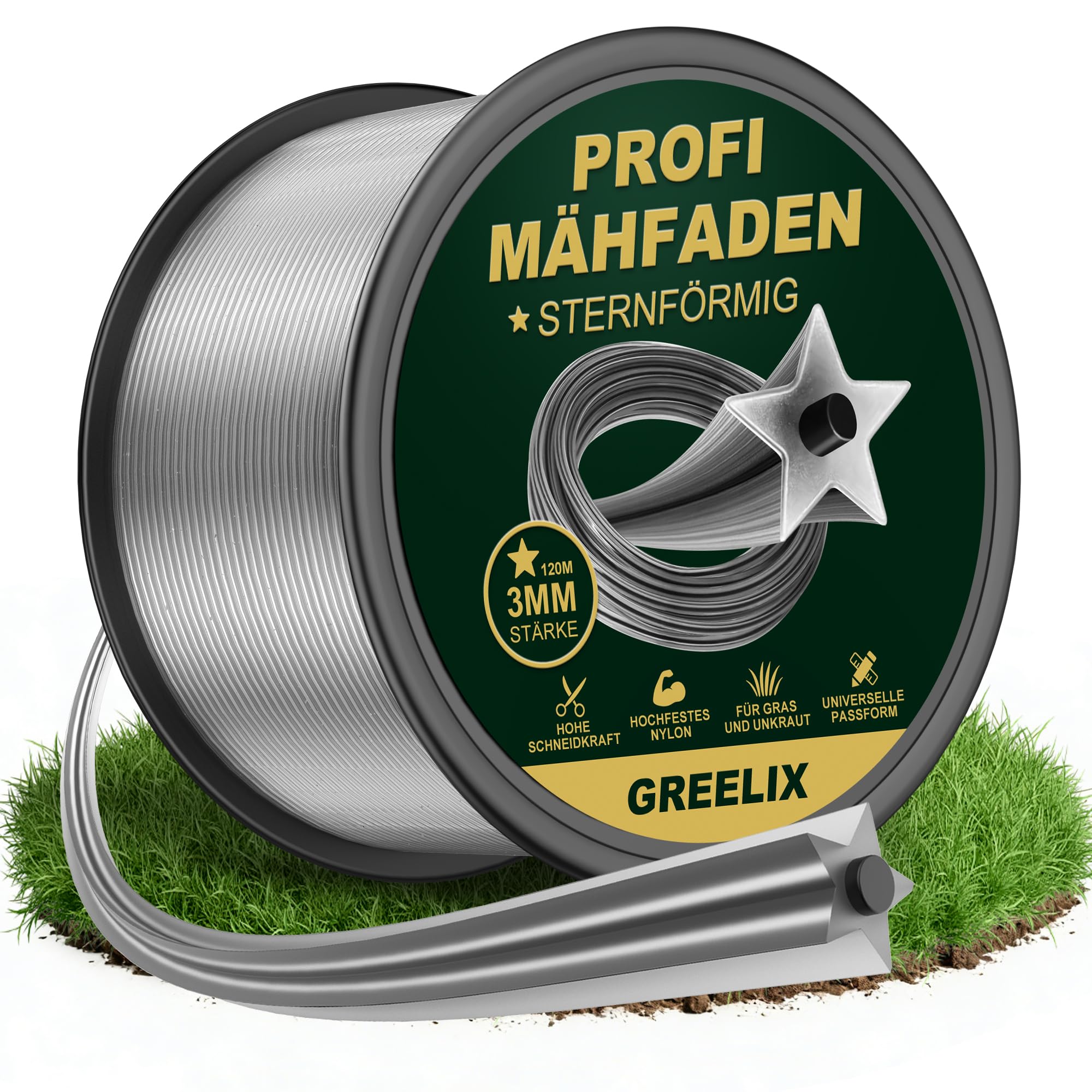 GREELIX Fil Débroussailleuse 3mm x 120m – Profil Étoile en Fil de Coupe Renforcé en Nylon pour Débroussailleuse et Coupe-Bordures, Coupe Nette - 1