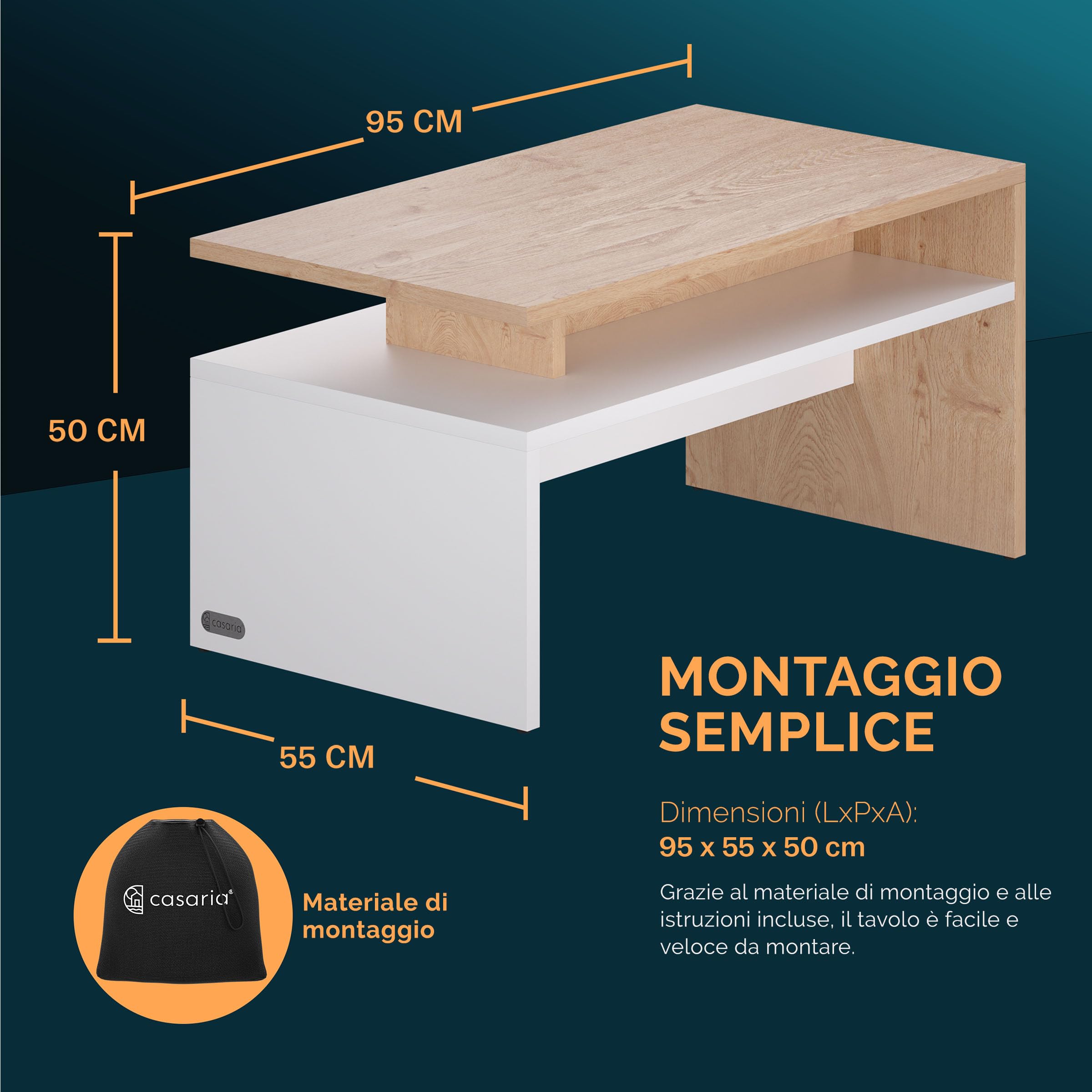 Casaria® Tavolino Salotto da Divano 95x55x50cm Mobiletto Basso in Legno Carico Max 50kg Tavolo Moderno Soggiorno da Caffé da Pranzo Coffe Table Letto