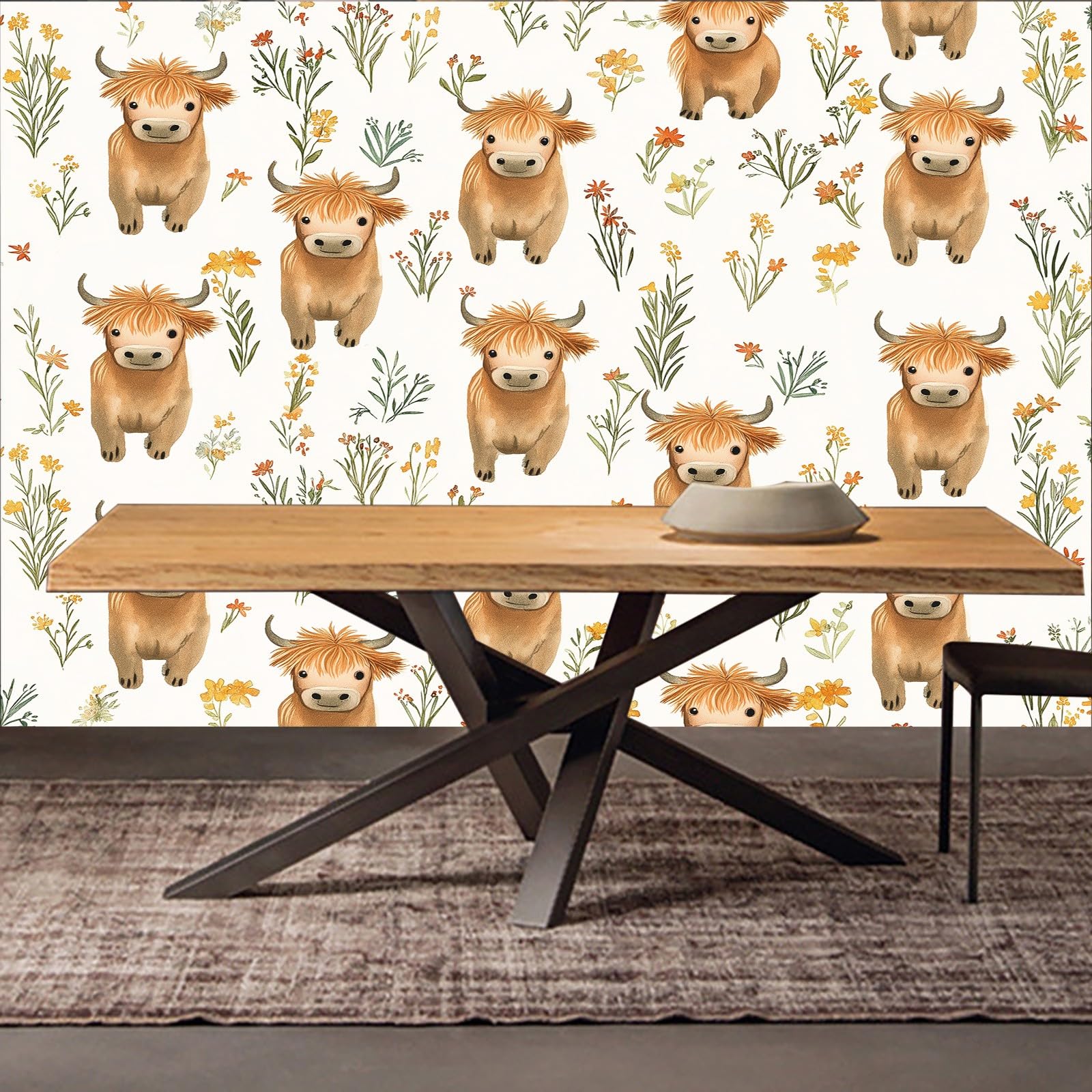 Tapeta ścienna z motywem zwierzęcia z kreskówki, wołowina górska, fototapeta, zwierzęta z kreskówki, tapeta ścienna, 400 x 280 cm (szer. x wys.), dekoracja ścienna, tapeta ścienna, tapeta z włókniny
