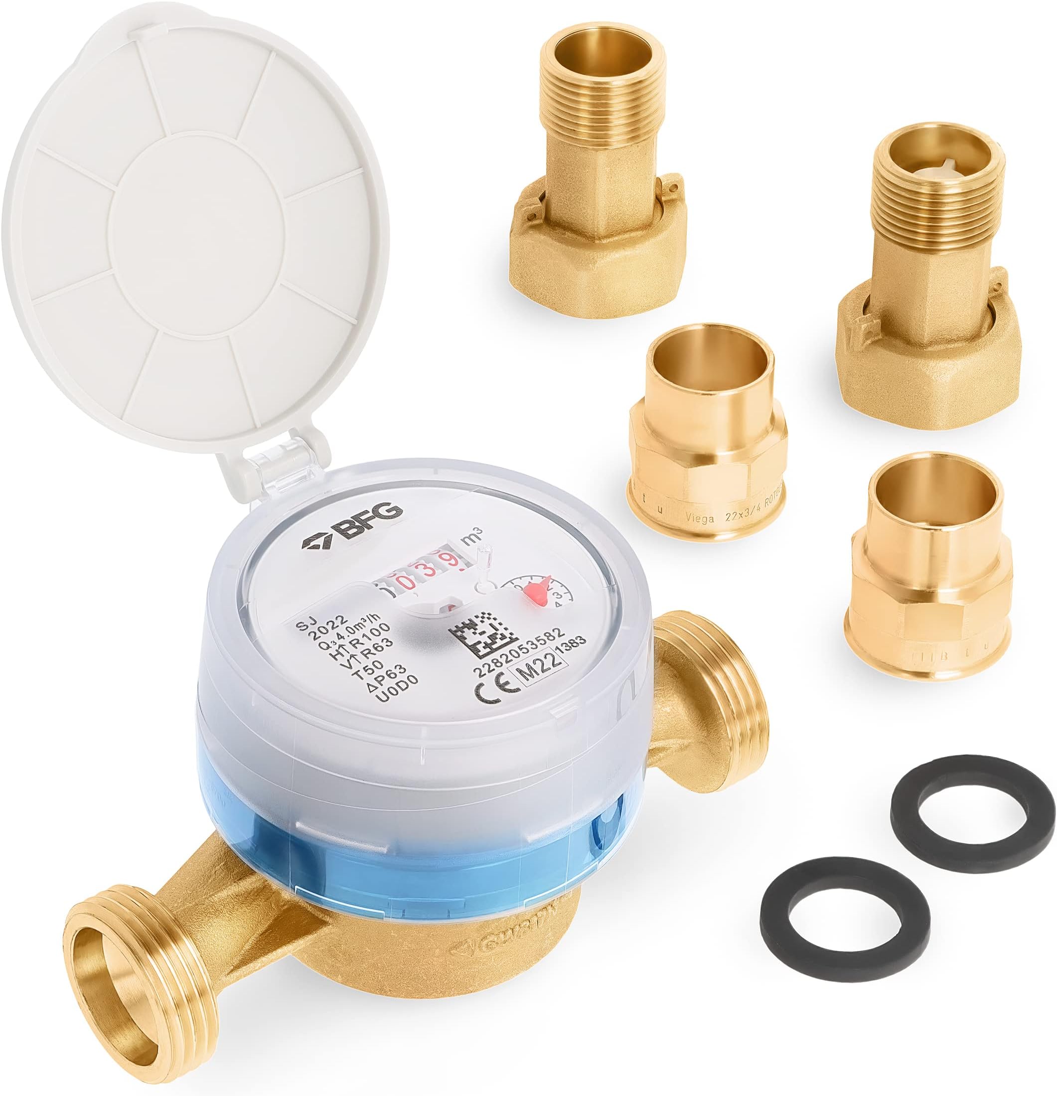 FERRO WRAS Certificate Water Meter with Non-return Brass Fittings 3/4" BSP and 3/4" BSP x 22mm Brass Soldering Pieces, Antimagnetic Cold Water Flow Meter 50°C H-R100 V-R63 Counter Qn 4m3/h, 16 Bar