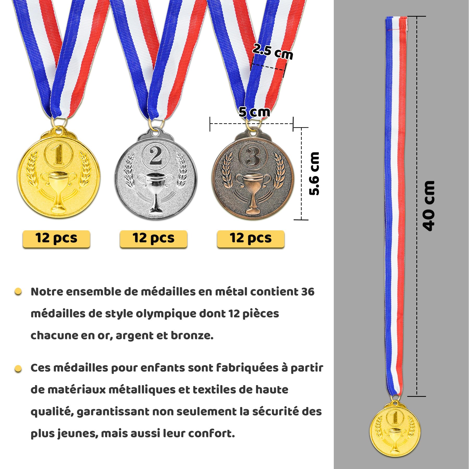 Brelet 36 pcs Medailles d'or Médaille d'argent Médaille de Bronze en Métal avec Rubans de Cou Medaille Foot Anniversaire Ski Travail Sport pour Recompense Sport Day Diamètre env. 5 cm