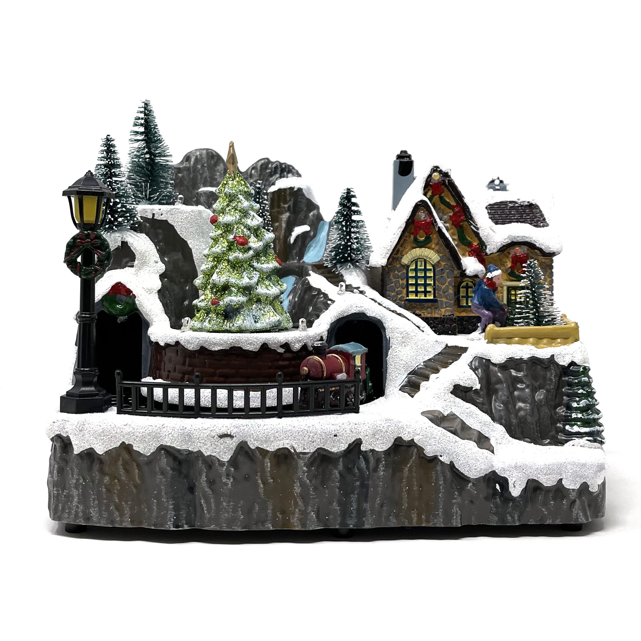 allgala Christmas Village House with Train Crafted Polyresin Christmas House Collectable Figurine with USB and Battery Dual Power Source-Moving Train and Tree-XH93446