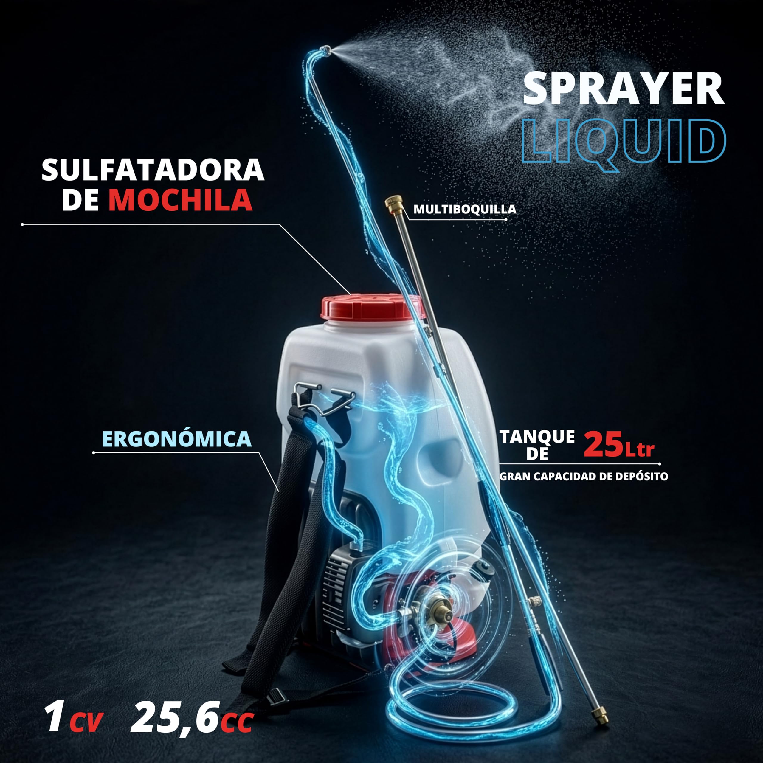 Synergy Sulfatadora de Mochila a Gasolina 25L – Motor 2 Tiempos 25cc - Modelo Sprayer Liquid – Caudal 7L/min – Alcance 9-15m – Lanza Multiboquilla y Pistola de 90cm