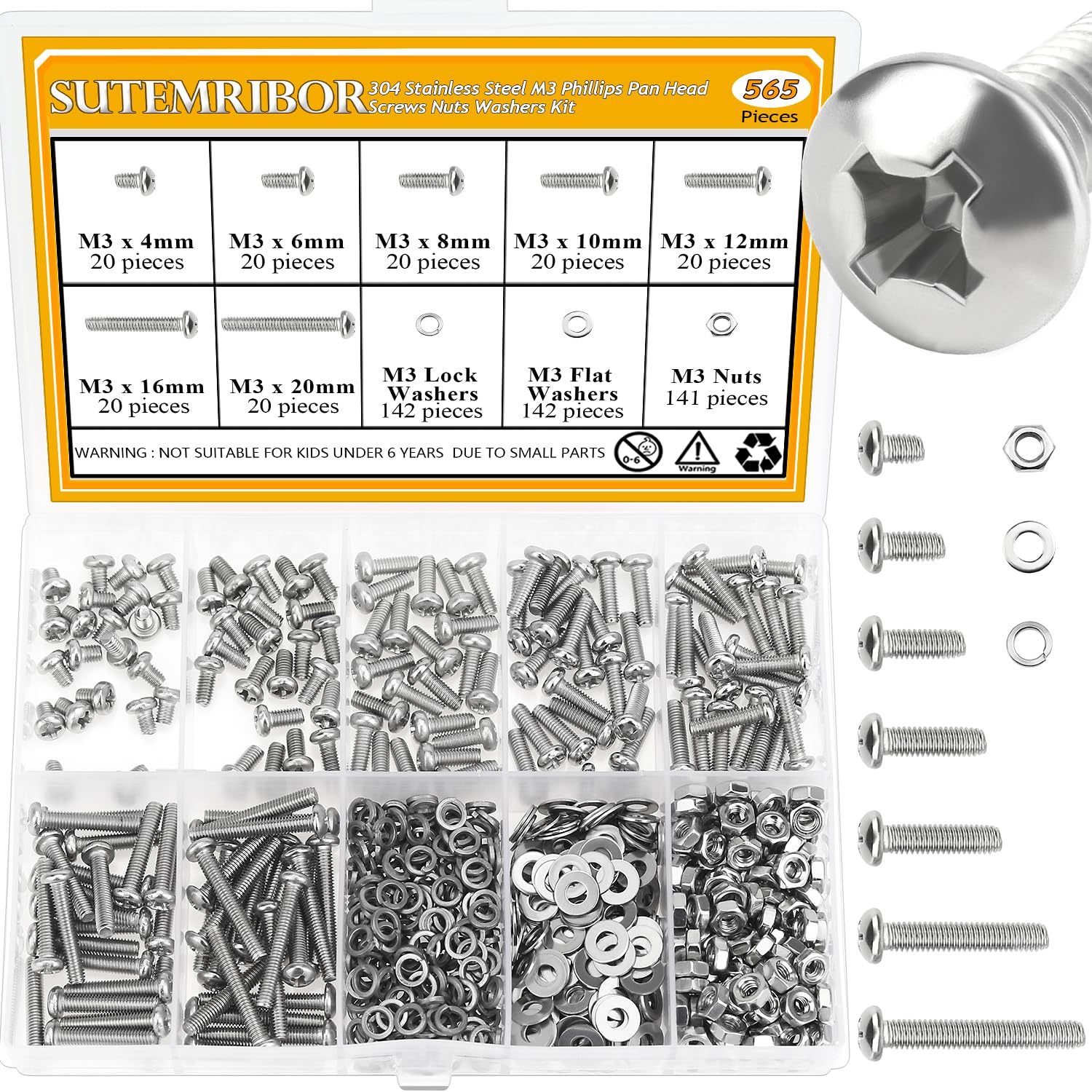 565 Pieces M3 Machine Screws Nuts Washers Set, Sutemribor M3 x 4/6/8/10/12/16/20mm Phillips Pan Head Machine Screws Nuts Washers Assortment Kit, 304 Stainless Steel, Fully Threaded