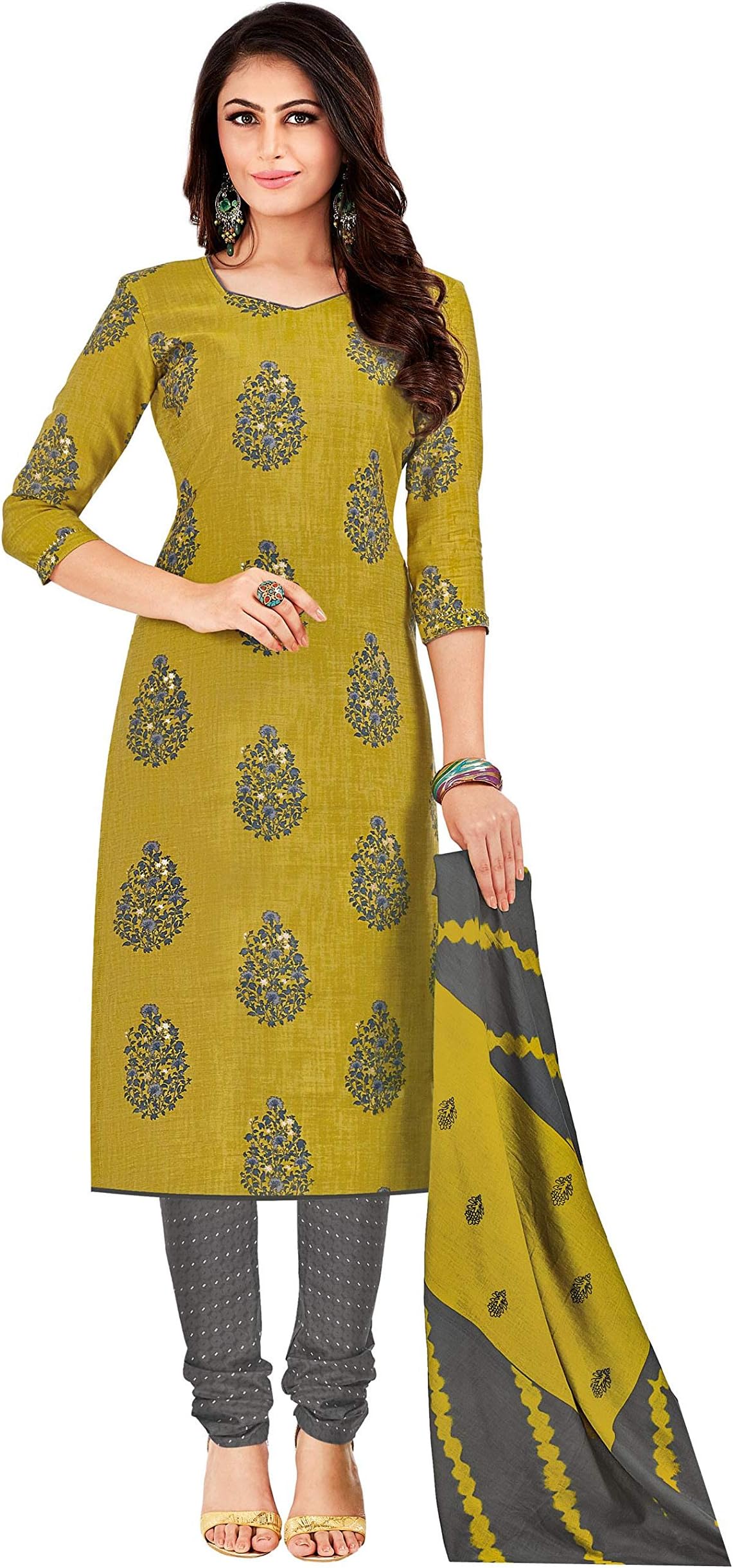 Miraan Women Cotton Unstitched Dress Material (SAN1430, Yellow, Free Size)