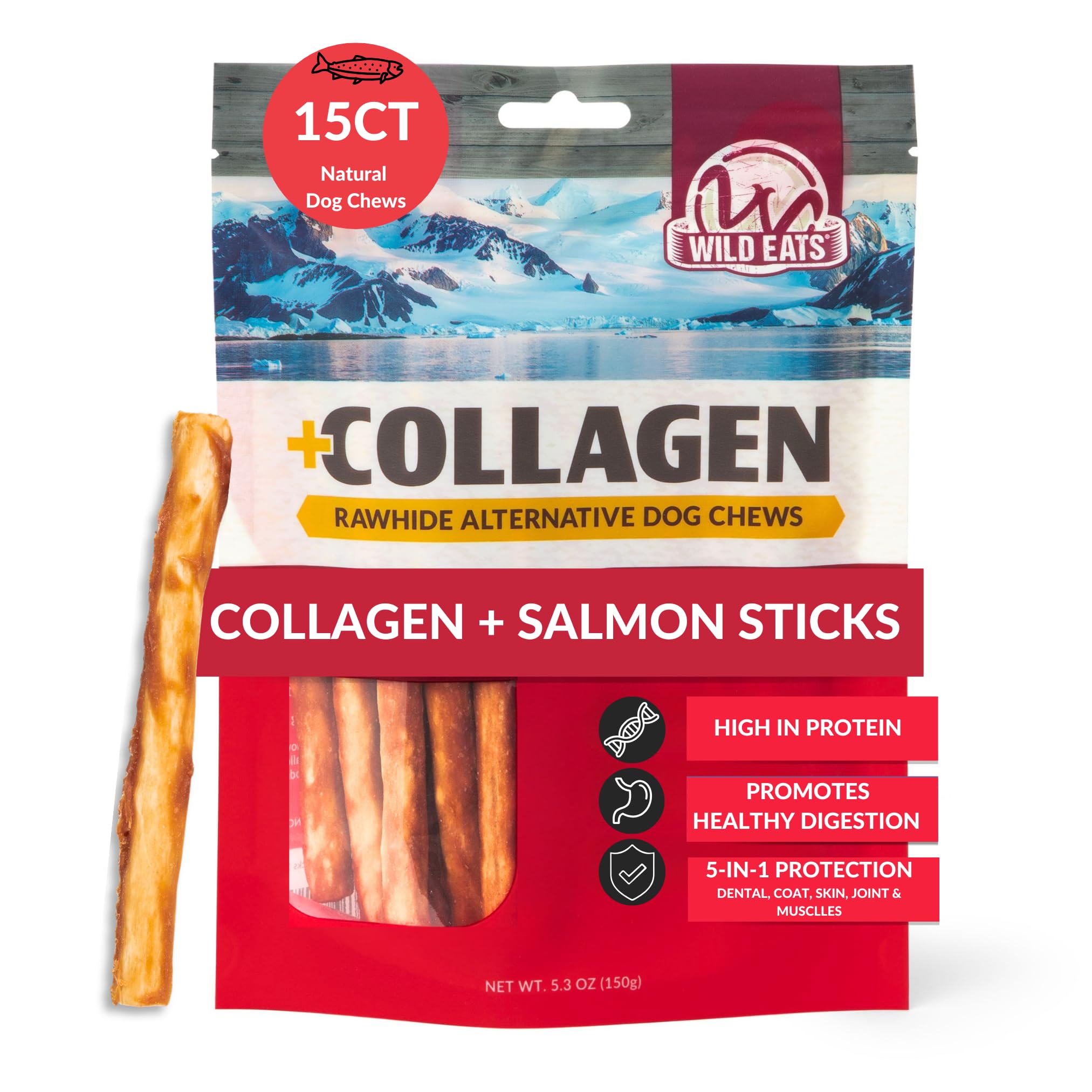 Wild Eats Real Salmon Collagen Sticks for Dogs, (15ct, 1cm Thick) Healthy Bully Stick - Long Lasting Dog Chew Treat