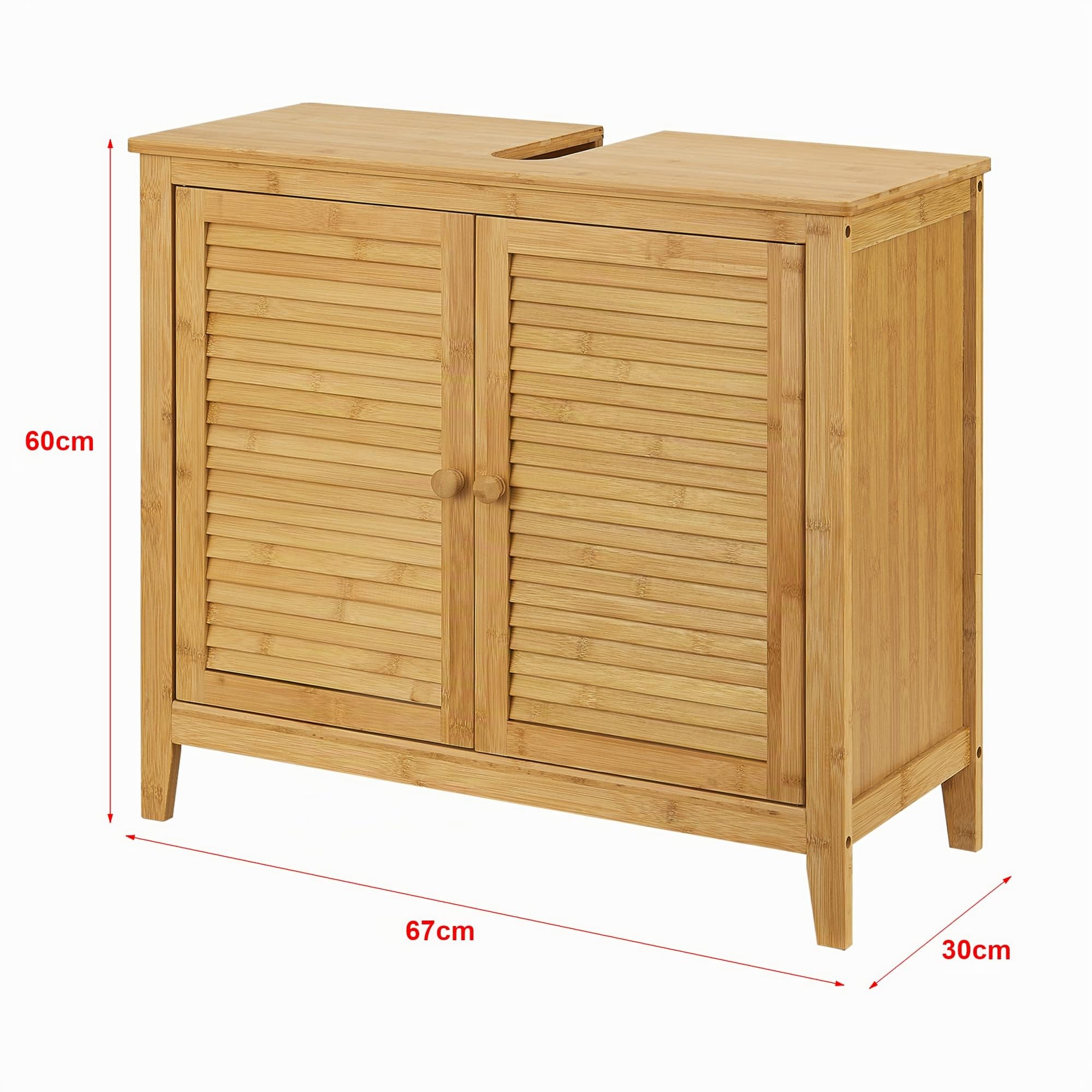 [en.casa] Mobiletto Sottolavabo in Bambù con Ante a Persiana Armadietto da Bagno Salvaspazio con Foro per Sifone Design Rustico Naturale 60 x 67 x 30 cm