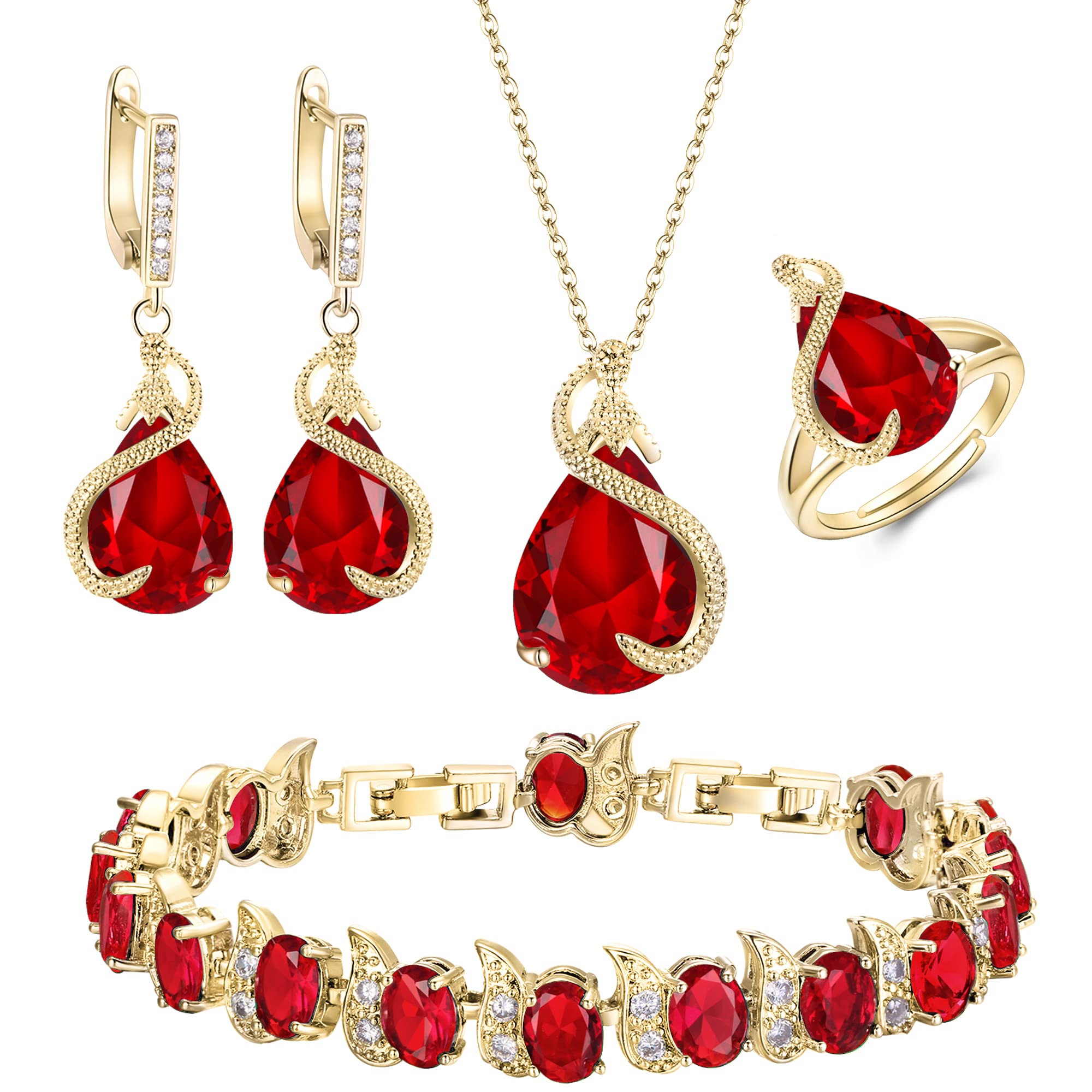EVER FAITH Juegos de Joyas Mujer Circonita Cúbica en Forma de Lágrima para Novia, Glamour Colgante Collar Pendientes Tenis Pulsera Abierto Anillo Conjunto para Mujeres Fiesta