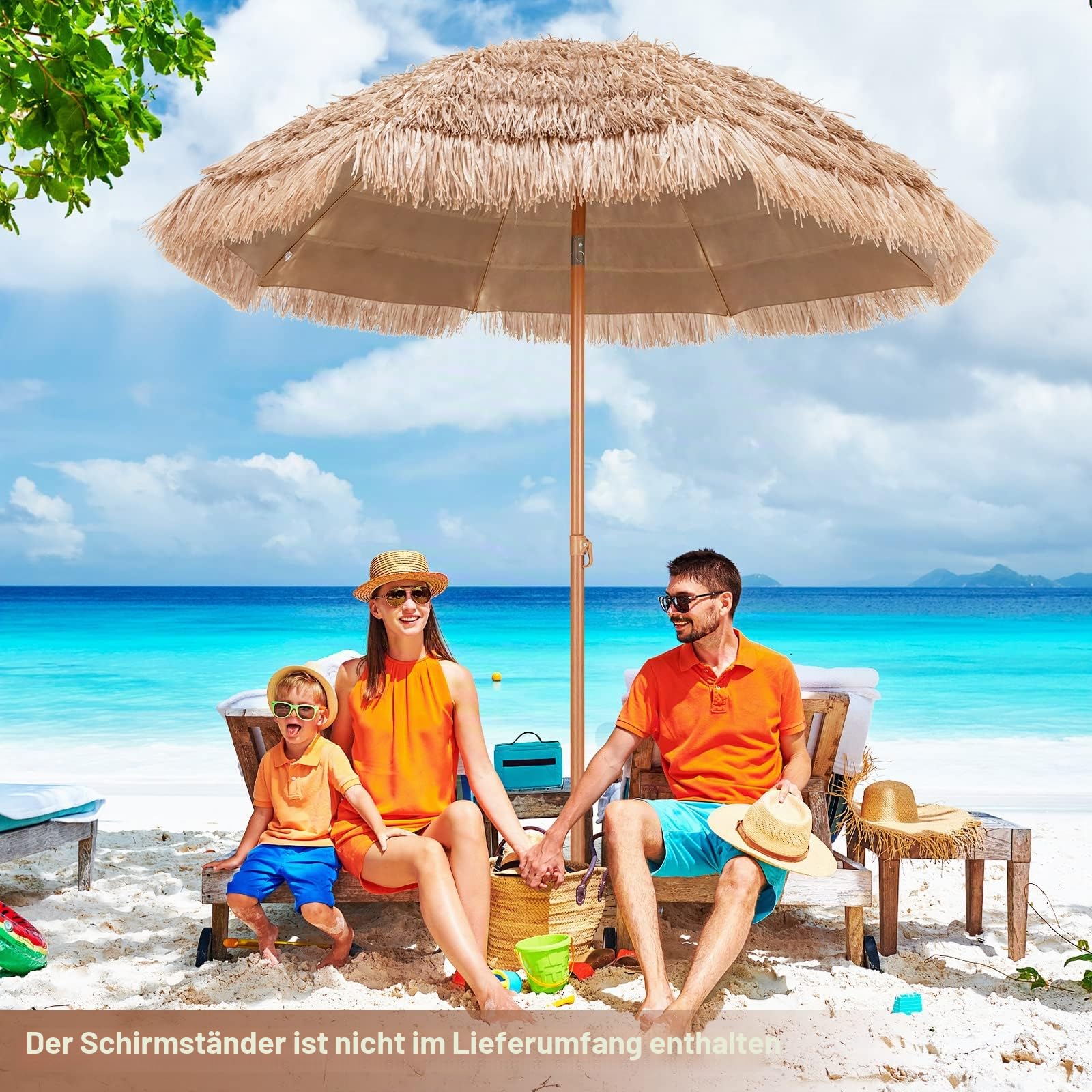 KOMFOTTEU φ2,2M Sonnenschirm Hawaii, Strandschirm 30° knickbar, Balkonschirm Strohschirm mit Sonnenschutz & 8 Rippen, Marktschirm für Garten, Strand