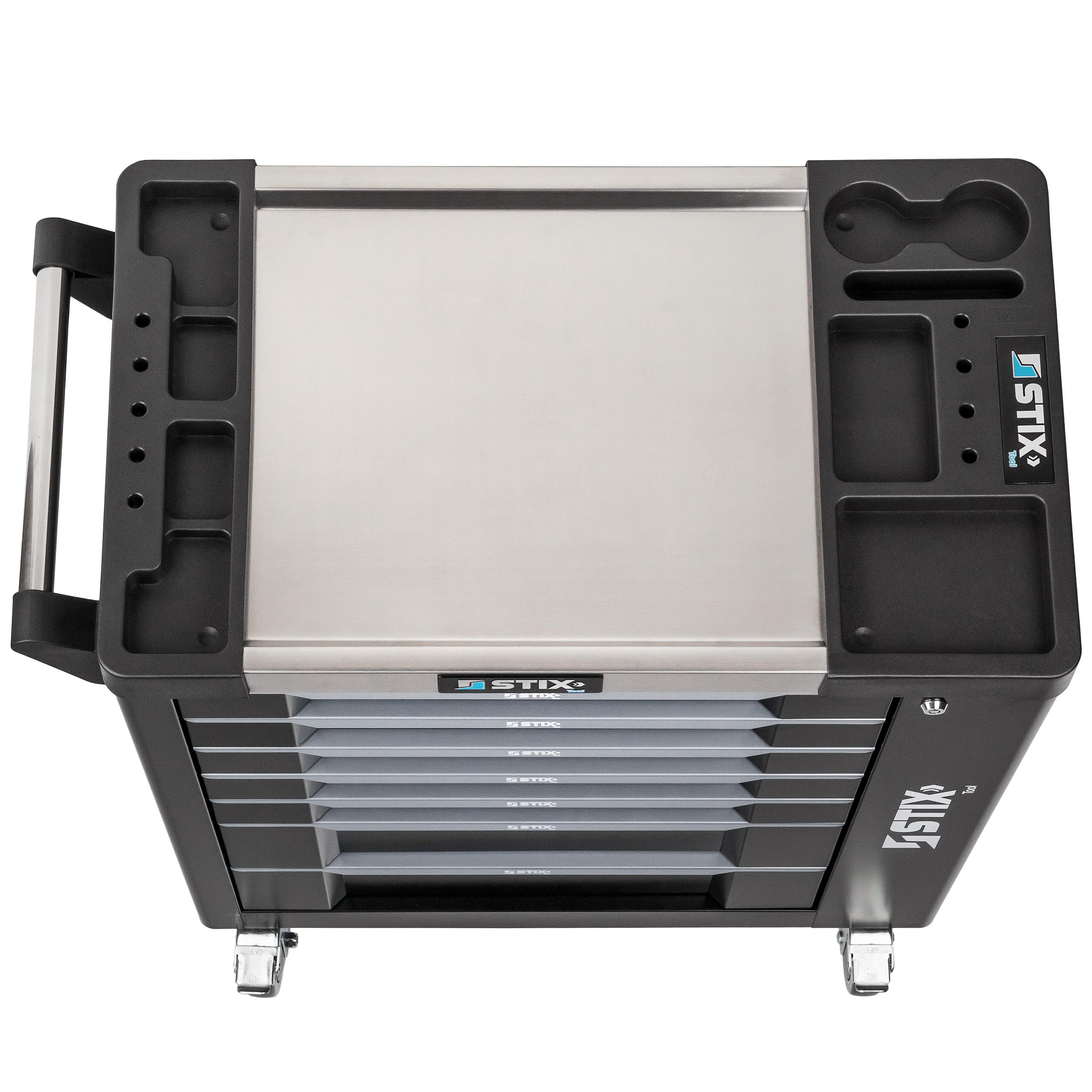 Stix UltimatePro A7/TS1 Carro de herramientas para taller con 267 herramientas Cr-V, 7 cajones, superficie de trabajo de acero inoxidable, gabinete lateral