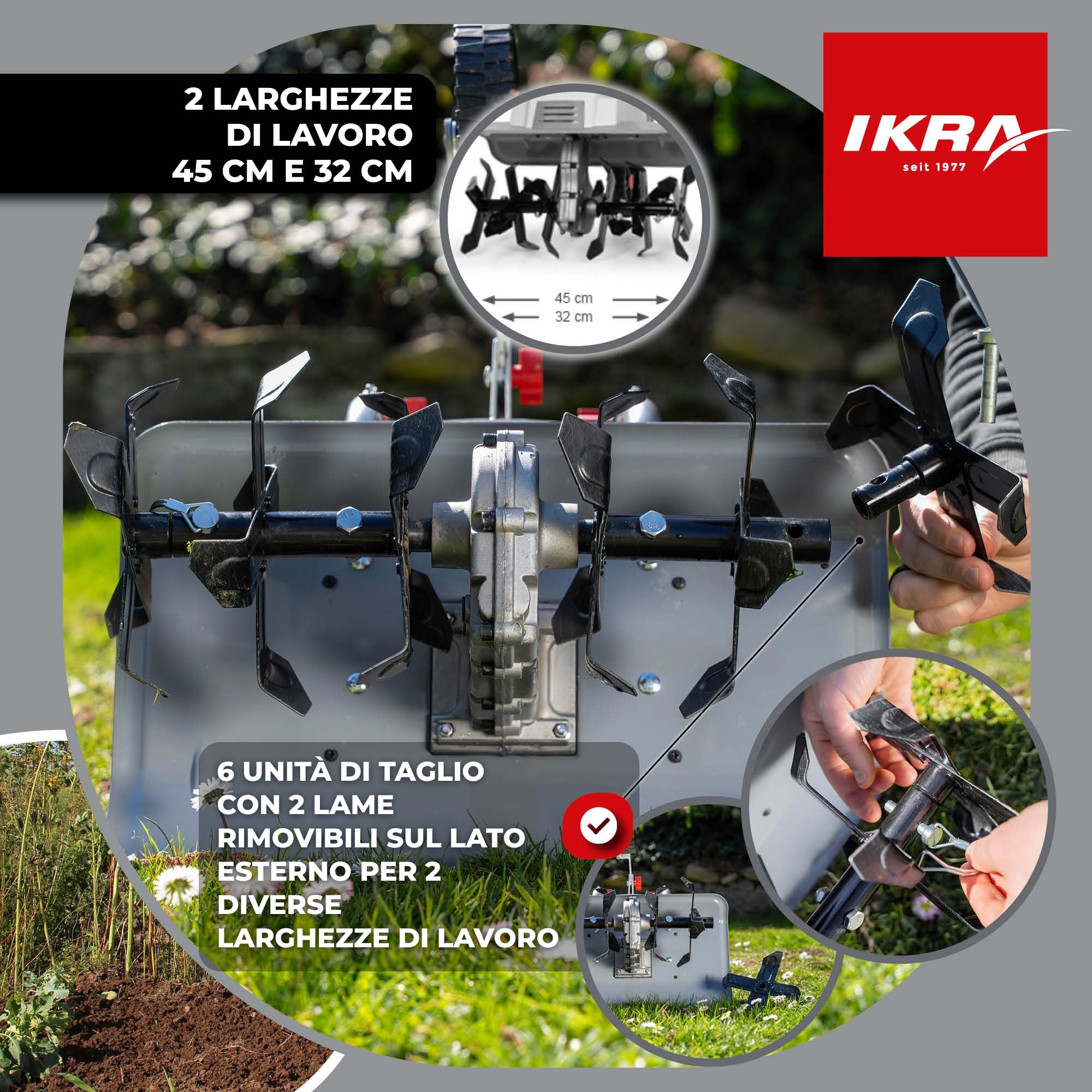 IKRA motozappa elettrica IEM 1500, larghezza regolabile 32 e 45 cm | Prepara il terreno alla semina, 1500W, 20 cm, sperone frenante, ruota trasporto, pieghevole, protezione sovraccarico