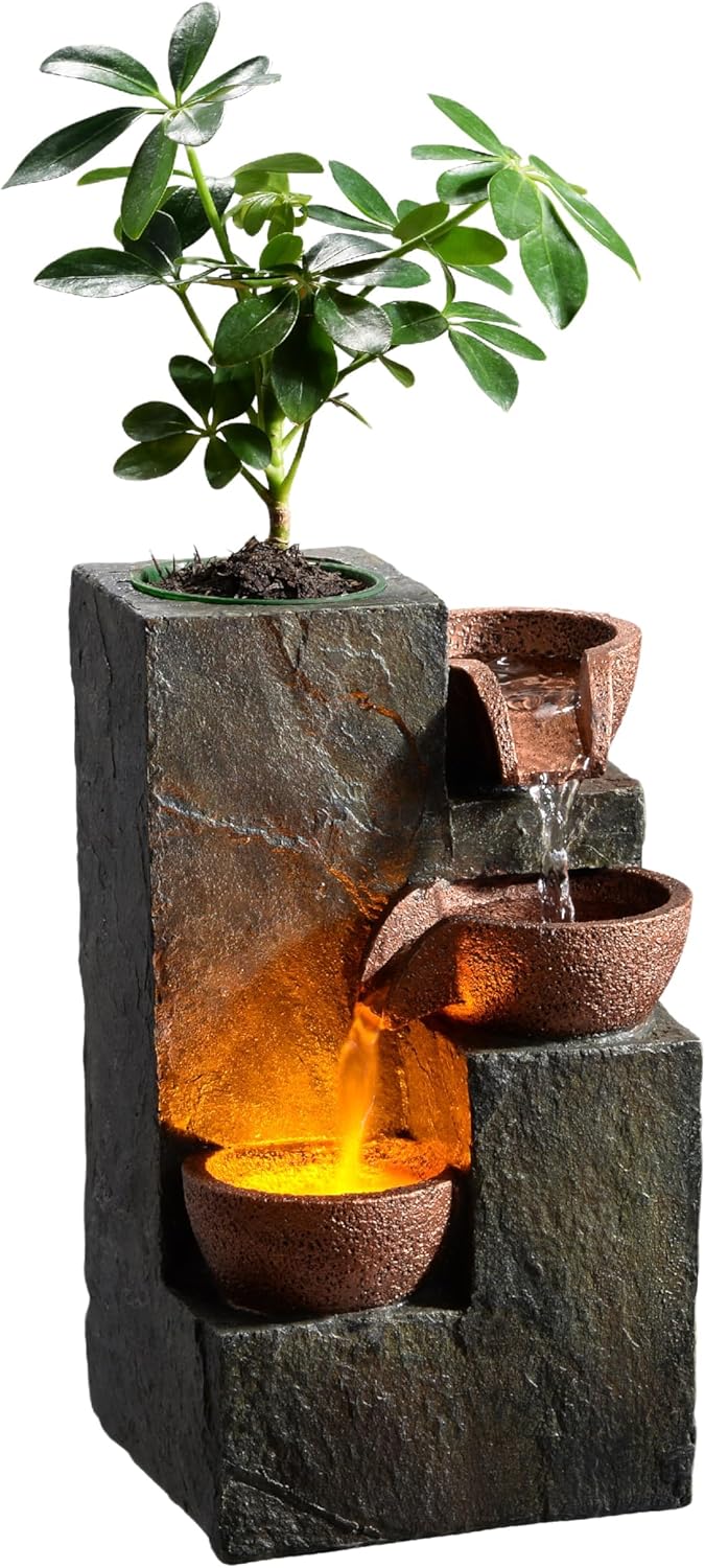 Indoor Fountain Waterfall Tabletop Elegant 3-Tier Rock Garden Home Relaxation Serene Table Decor with Waterfall Sounds