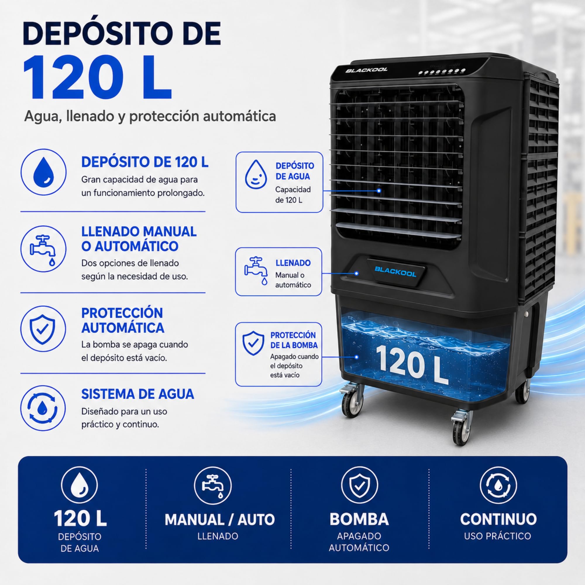 Climatizador Evaporativo Industrial VONALA BLACKOOL 22 MAXI – Enfriador de Aire Profesional con Lámpara UV y WiFi, Depósito 120L, Caudal 22000 m³/h, Cobertura 200m²