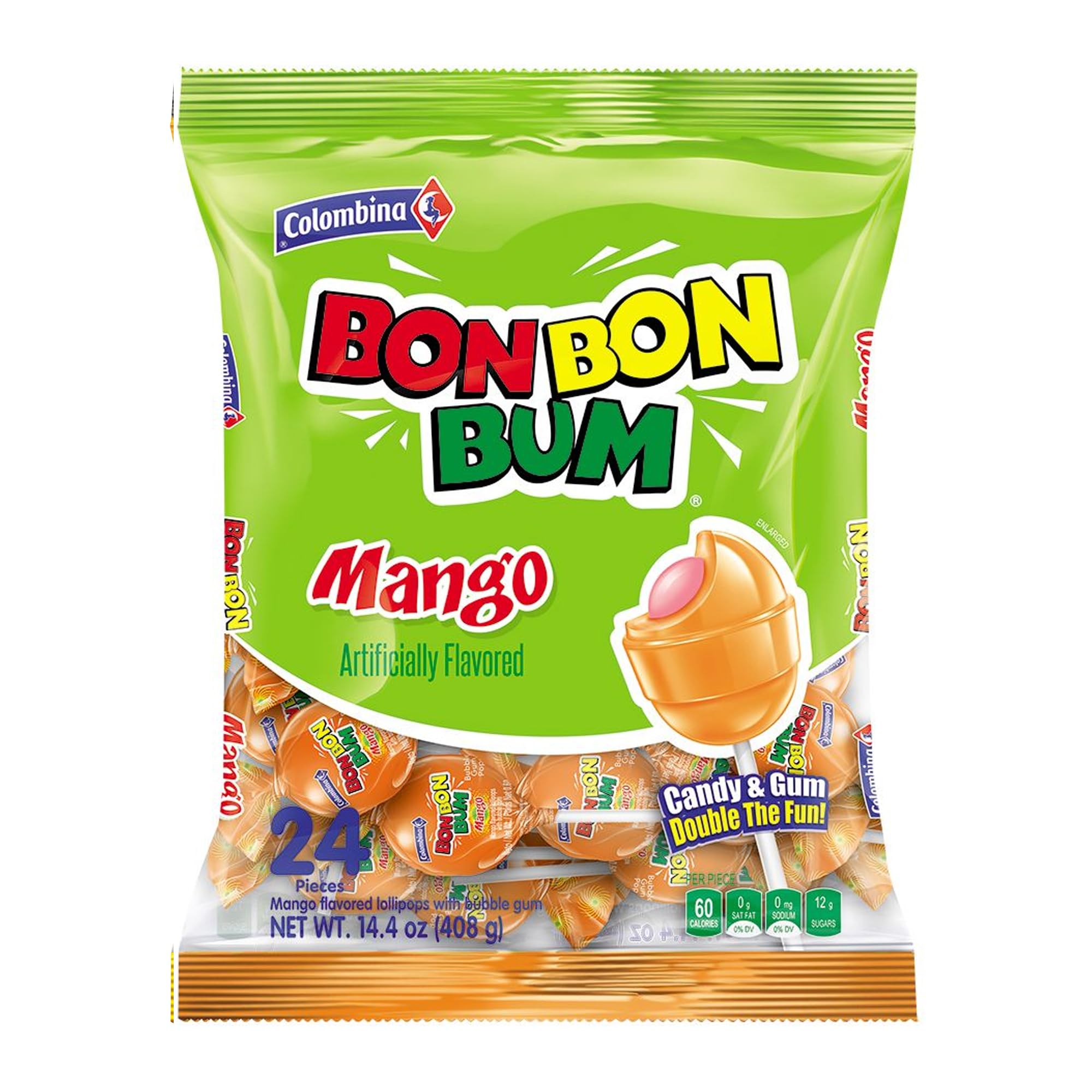 Colombina Bon Bon Bum Lollipops Mango Flavor, 24 Count (Pack of 1)
