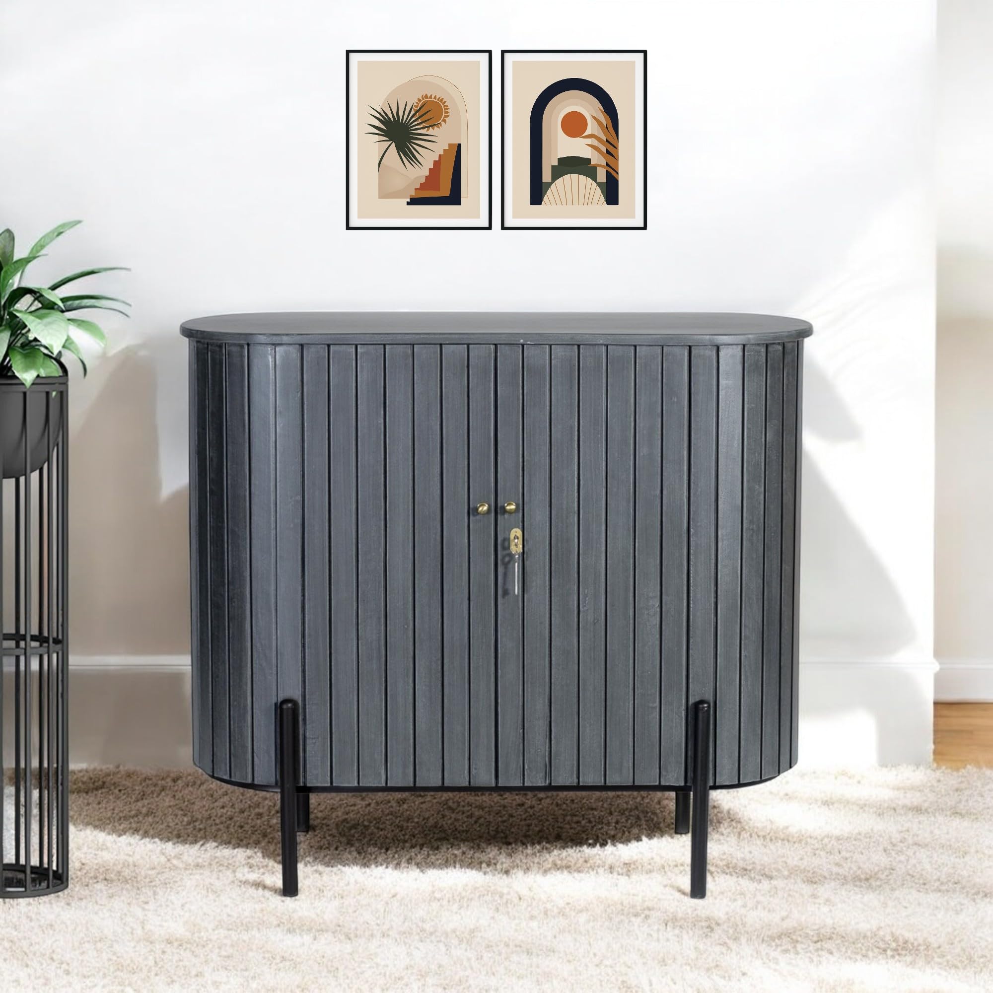 Kraft Bazaar Solid Wood Oval Bar Cabinet | Drinks Cabinet with Lock | Bar Unit (Grey)