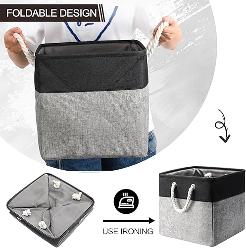 Vista 78 de meekoo Paquete de 8 contenedores plegables de almacenamiento de tela, cestas de tela de poliéster con asas, organizador de armario de lino para Gris